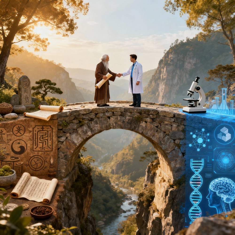 Scientist and elder meet on a symbolic bridge, joining ancient wisdom with modern research in a unified, inspiring scene
