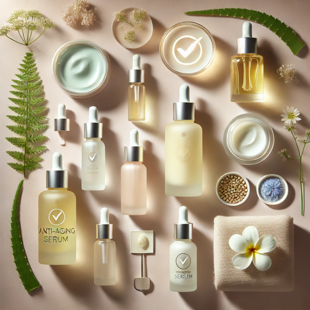 A serene and conclusive flat lay of skincare products representing the final choice of anti-aging serums for sensitive skin.