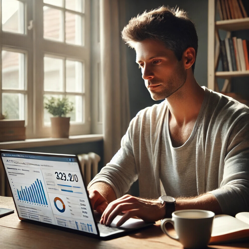 A focused man named John Cash, an affiliate marketer, working online at home in a cozy home office