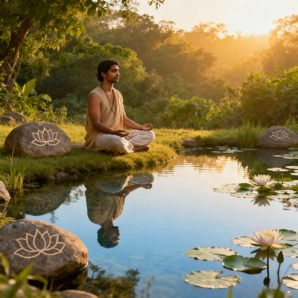 a man practicing vedantic meditation over a pond