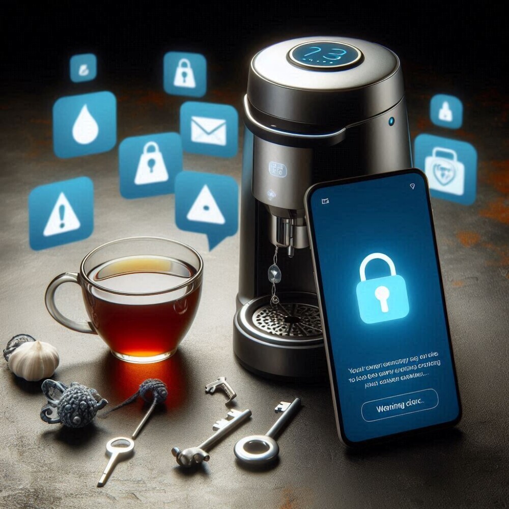 A tea brewer with an error message displayed on a smartphone