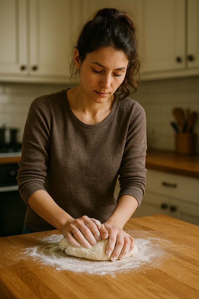 A young woman kneading bread dough on a floured wooden countertop, fully absorbed in the task, illustrating everyday flow in action.