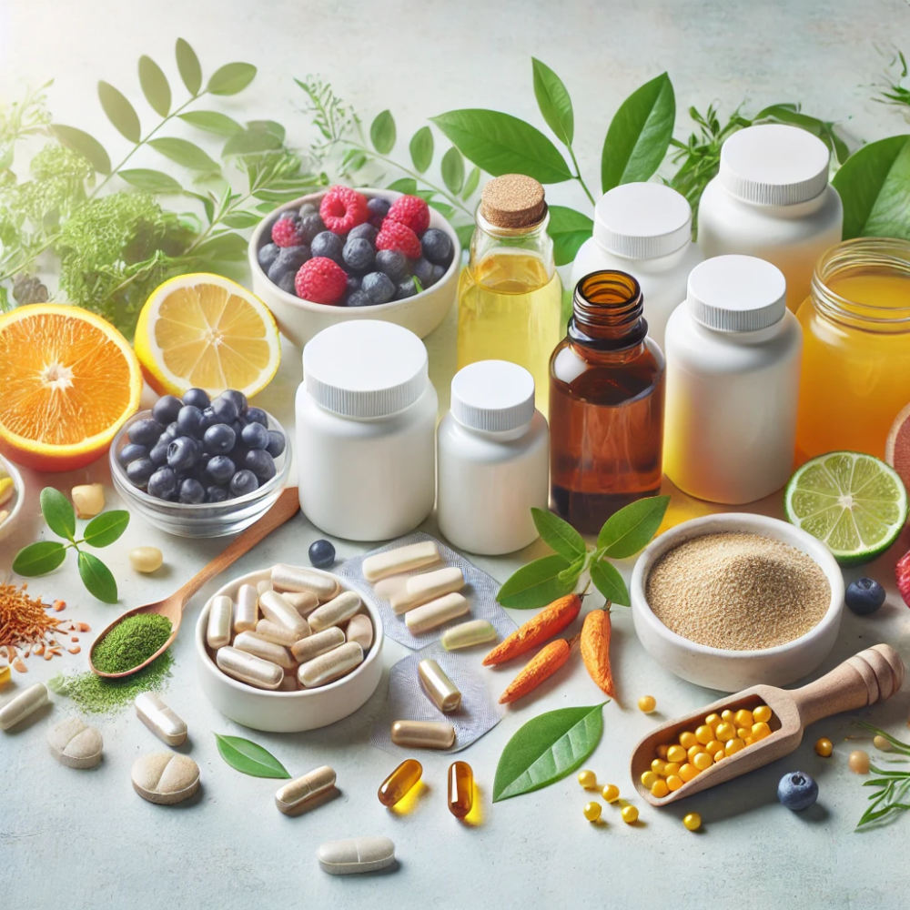 A vibrant and clean image featuring natural acne supplements that are highly effective, placed on a light, fresh background.