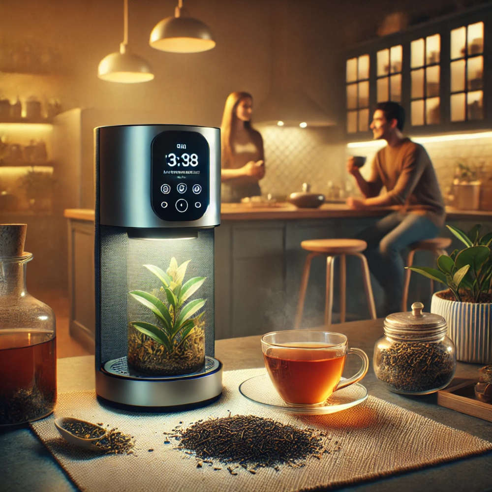 a sleek smart tea brewer alongside a steaming cup of tea