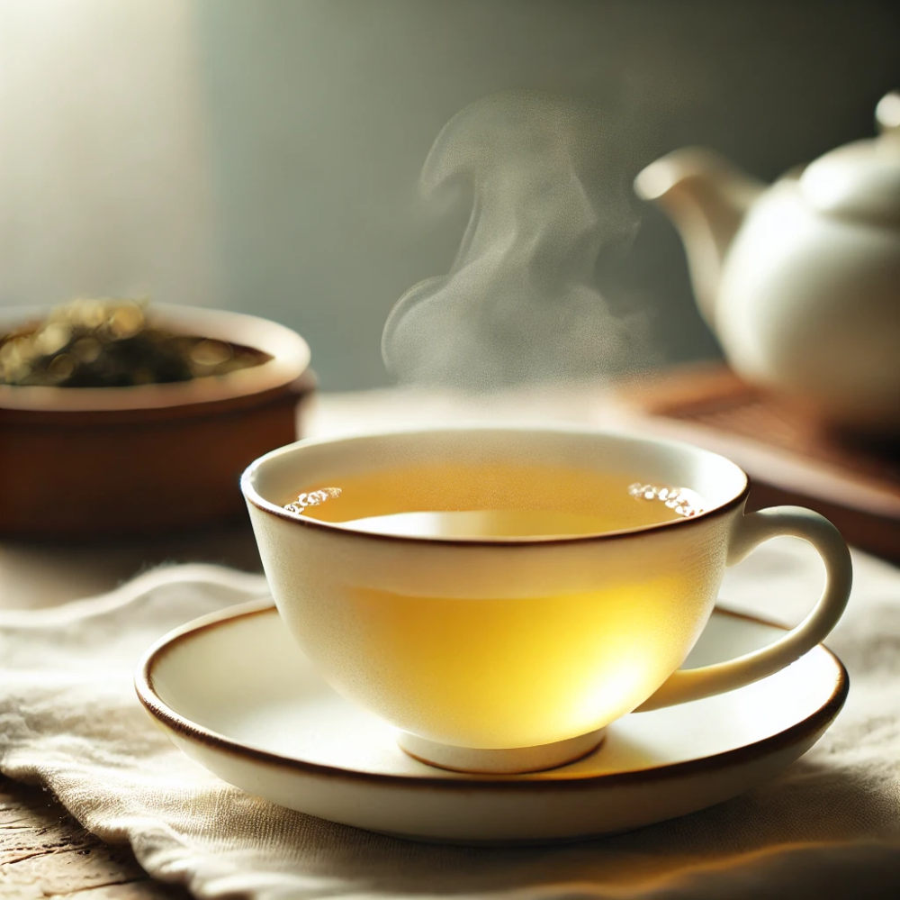 A close-up of a cup of white tea in a delicate porcelain cup