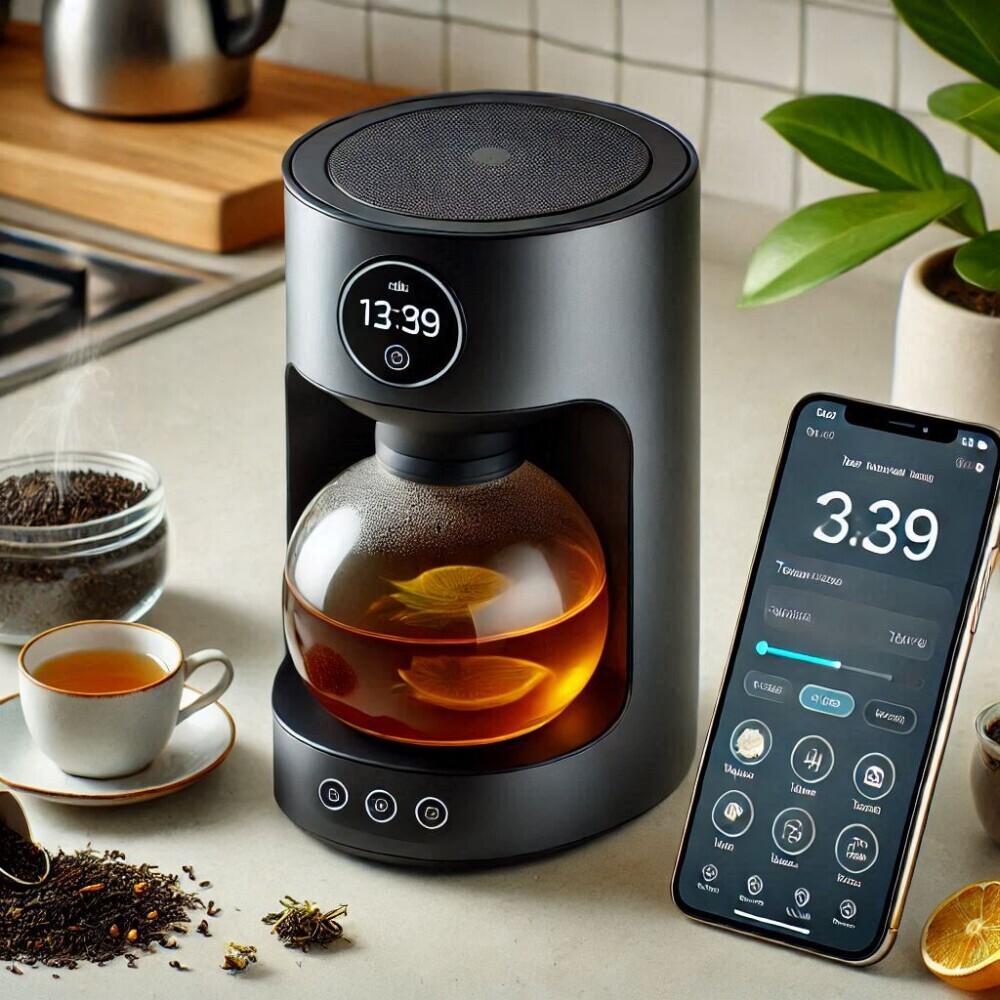 A sleek smart tea brewer on a kitchen counter, surrounded by tea leaves, a teacup, and a smartphone showing a brewing app interface. The brewer has visible controls like temperature and timer settings