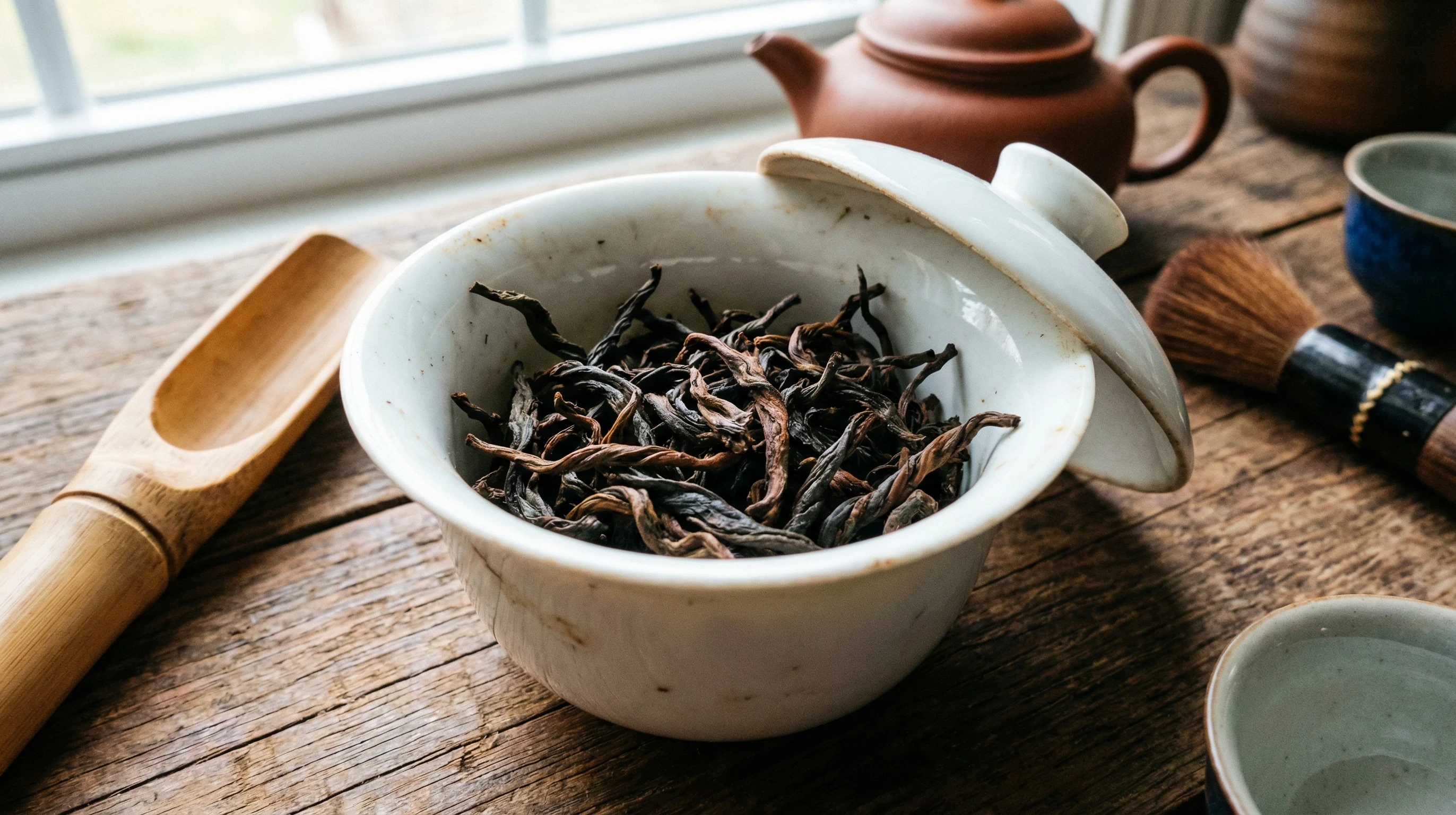 Wuyi Yancha gongfu setup with gaiwan and fairness pitcher