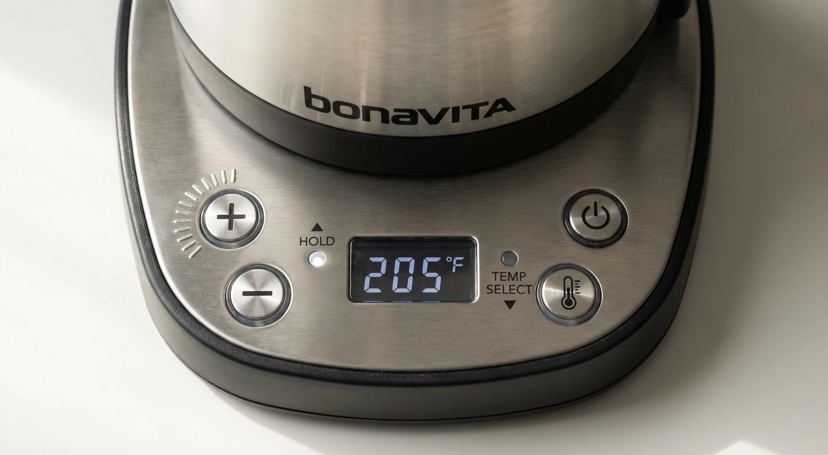 Bonavita variable temperature kettle control panel showing 205F digital display and temperature adjustment buttons