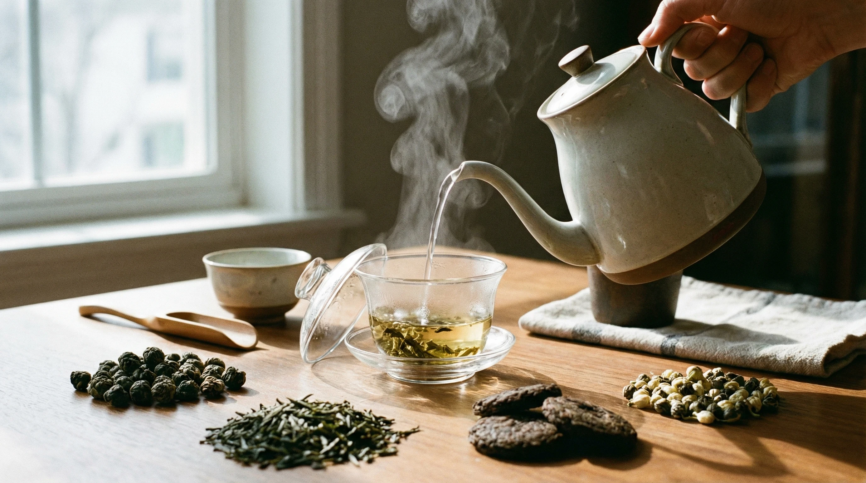 Pouring hot water from gooseneck kettle into glass teapot with various loose leaf teas for brewing