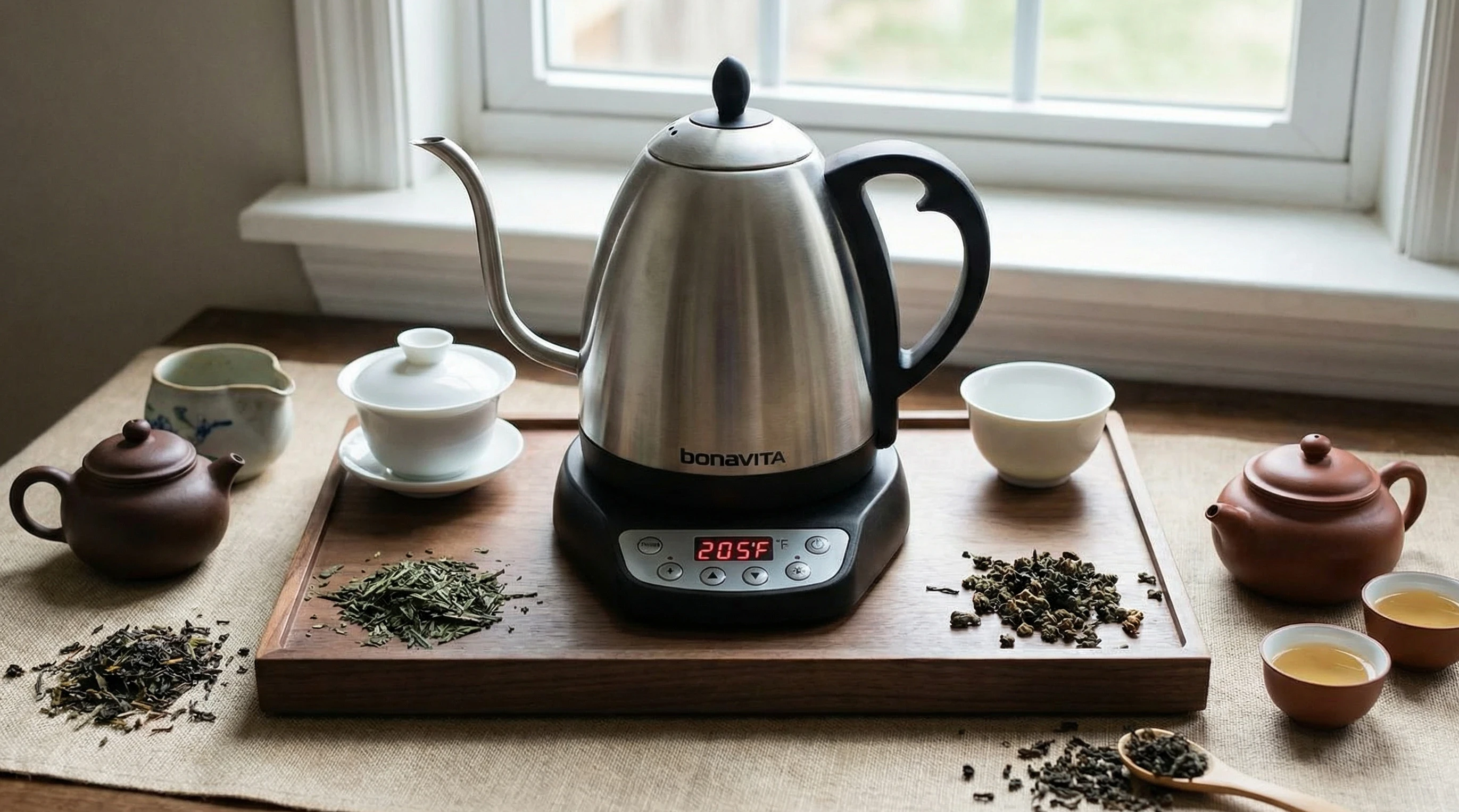 Bonavita 1L variable temperature gooseneck kettle with gongfu tea setup including loose leaf teas and traditional teapots