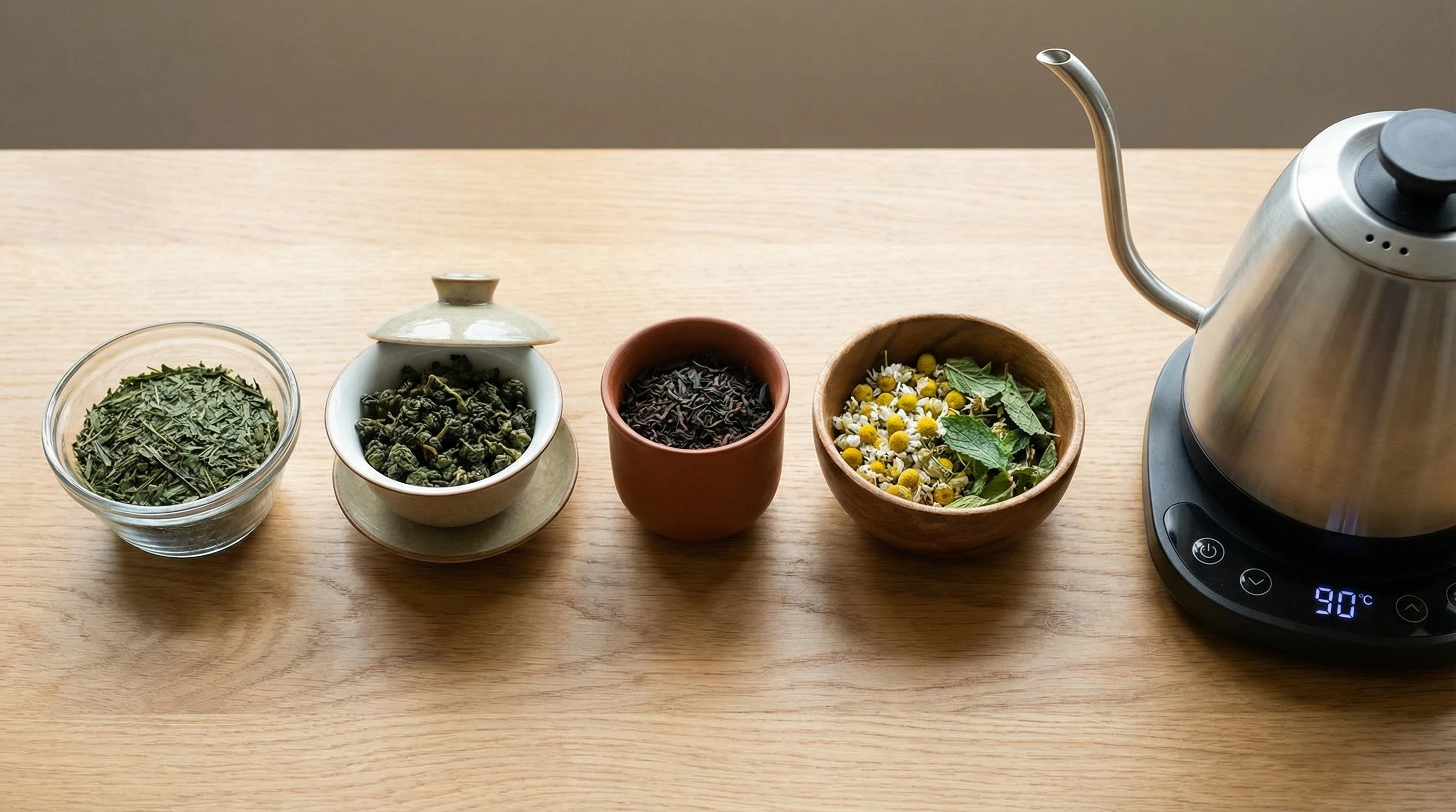 Bonavita gooseneck kettle set to 90C with four types of loose leaf tea for variable temperature brewing