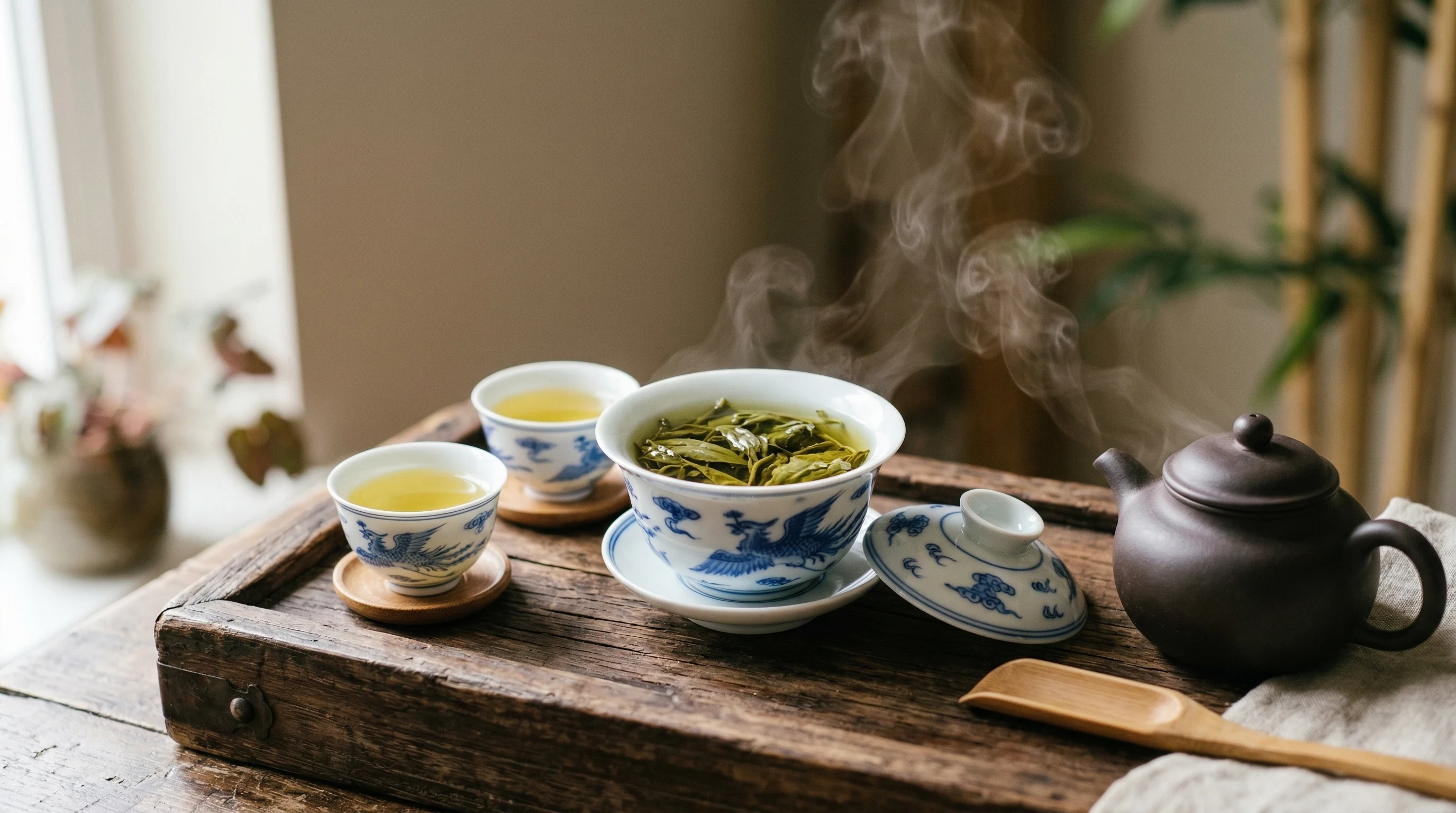 Tieguanyin oolong tea brewed gongfu style in a gaiwan with clay teapot and tea cups