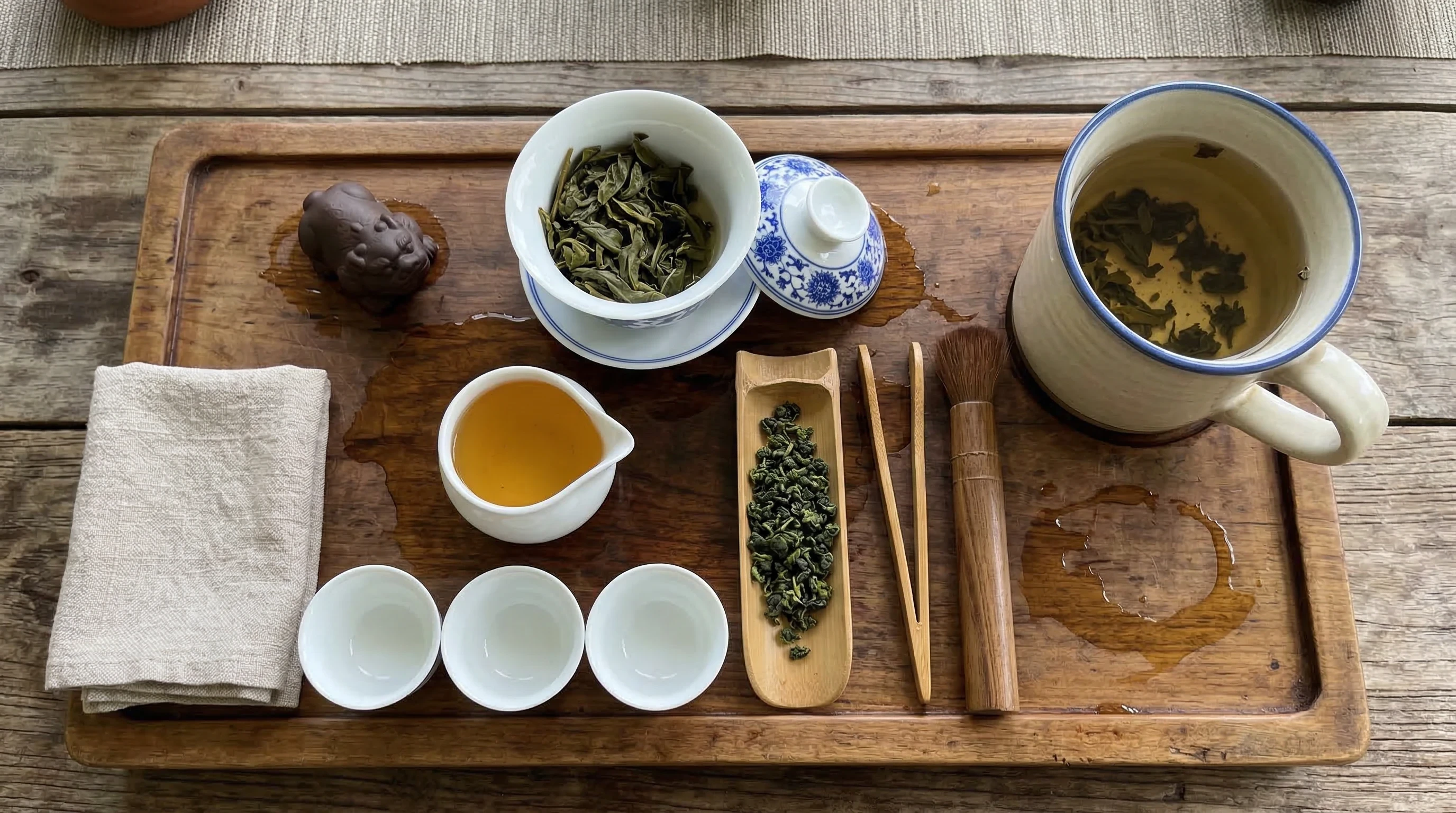 Gongfu tea brewing setup with Tieguanyin oolong leaves, gaiwan, pitcher, and small cups on wooden tray