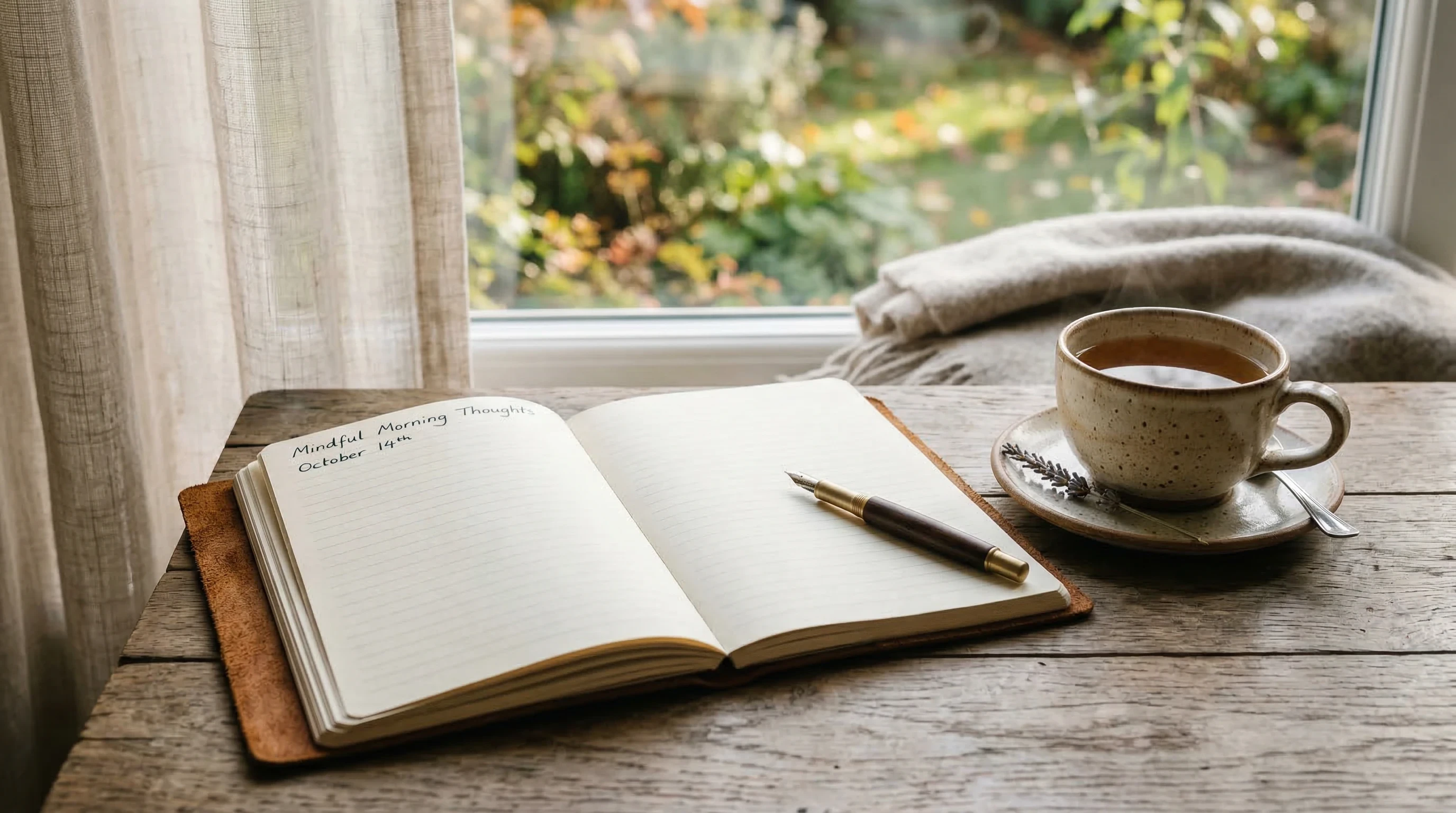 Open journal with handwritten morning thoughts next to a cup of tea on a wooden desk by a window