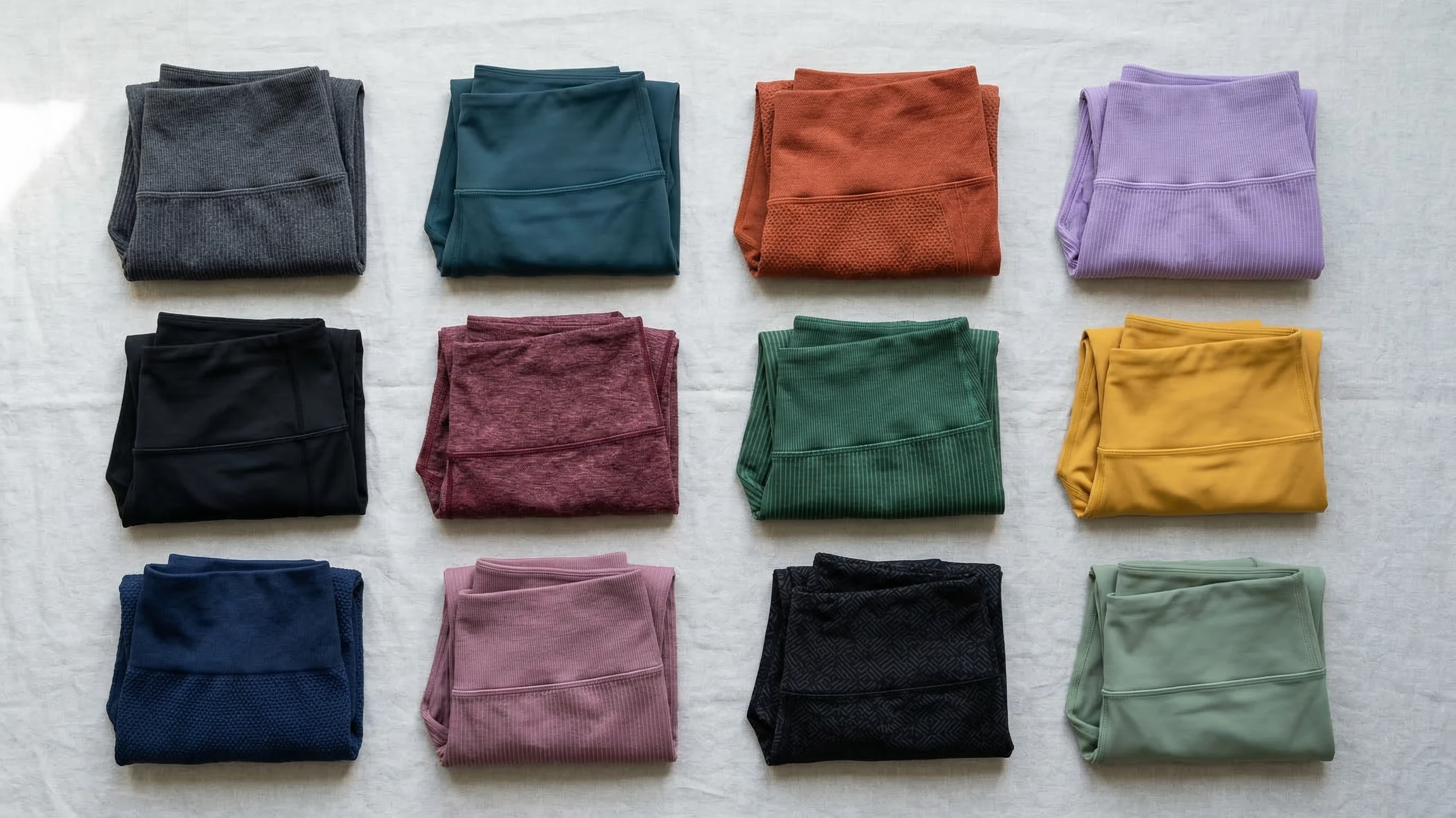 Folded compression garments displayed in a color grid including grey, teal, orange, lavender, dark grey, pink, green, yellow, blue, and sage