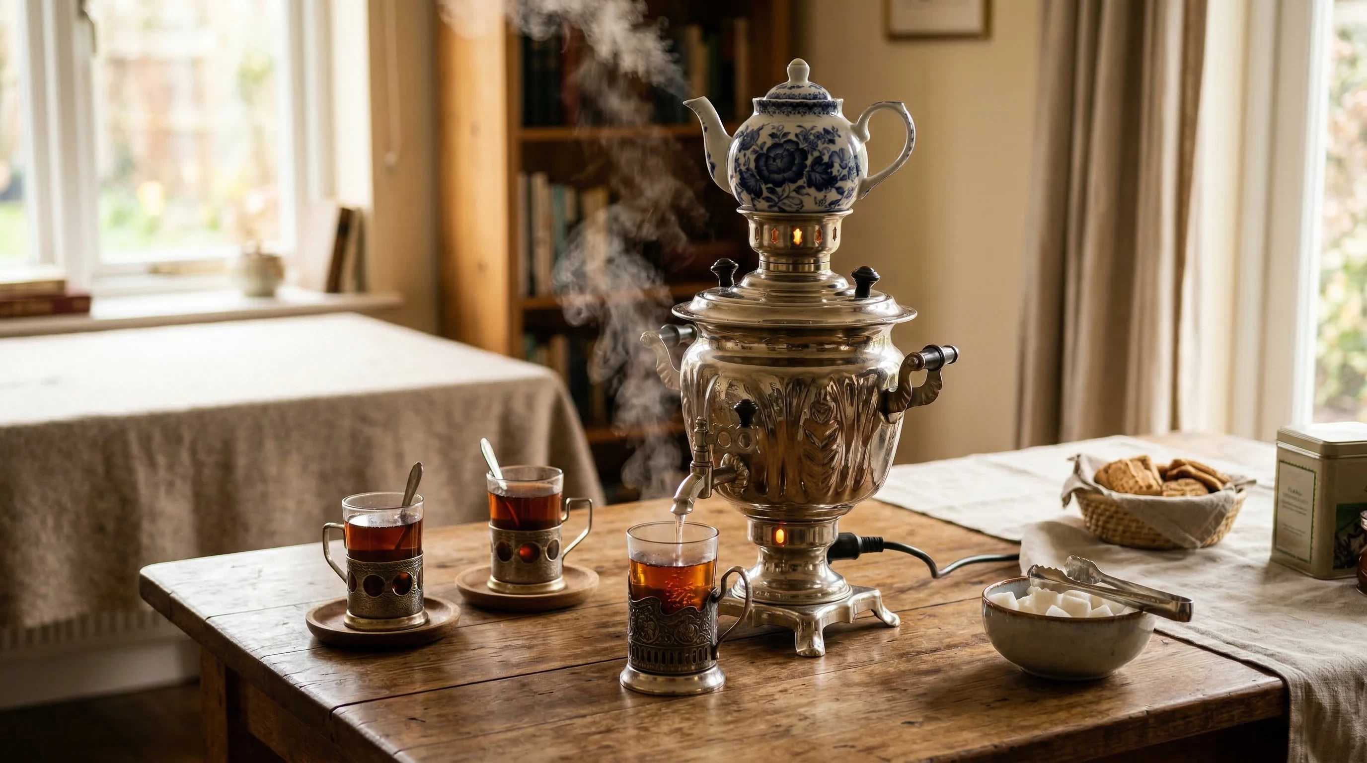 Traditional Russian samovar on a wooden table with tea glasses and sugar, steam rising in a warm home setting