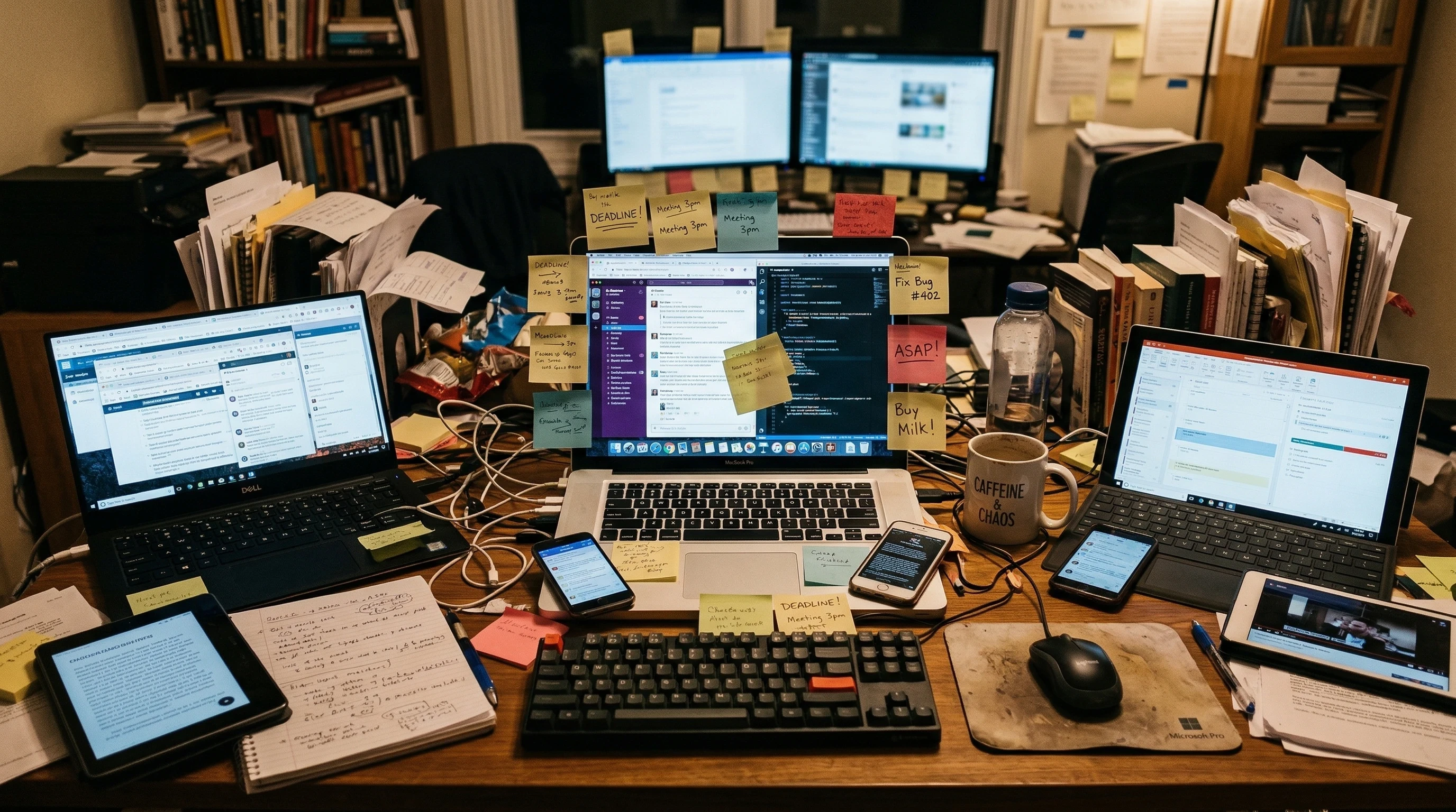 Chaotic desk covered in sticky notes, multiple monitors, scattered papers and gadgets – symbolizing the overwhelm of multitasking