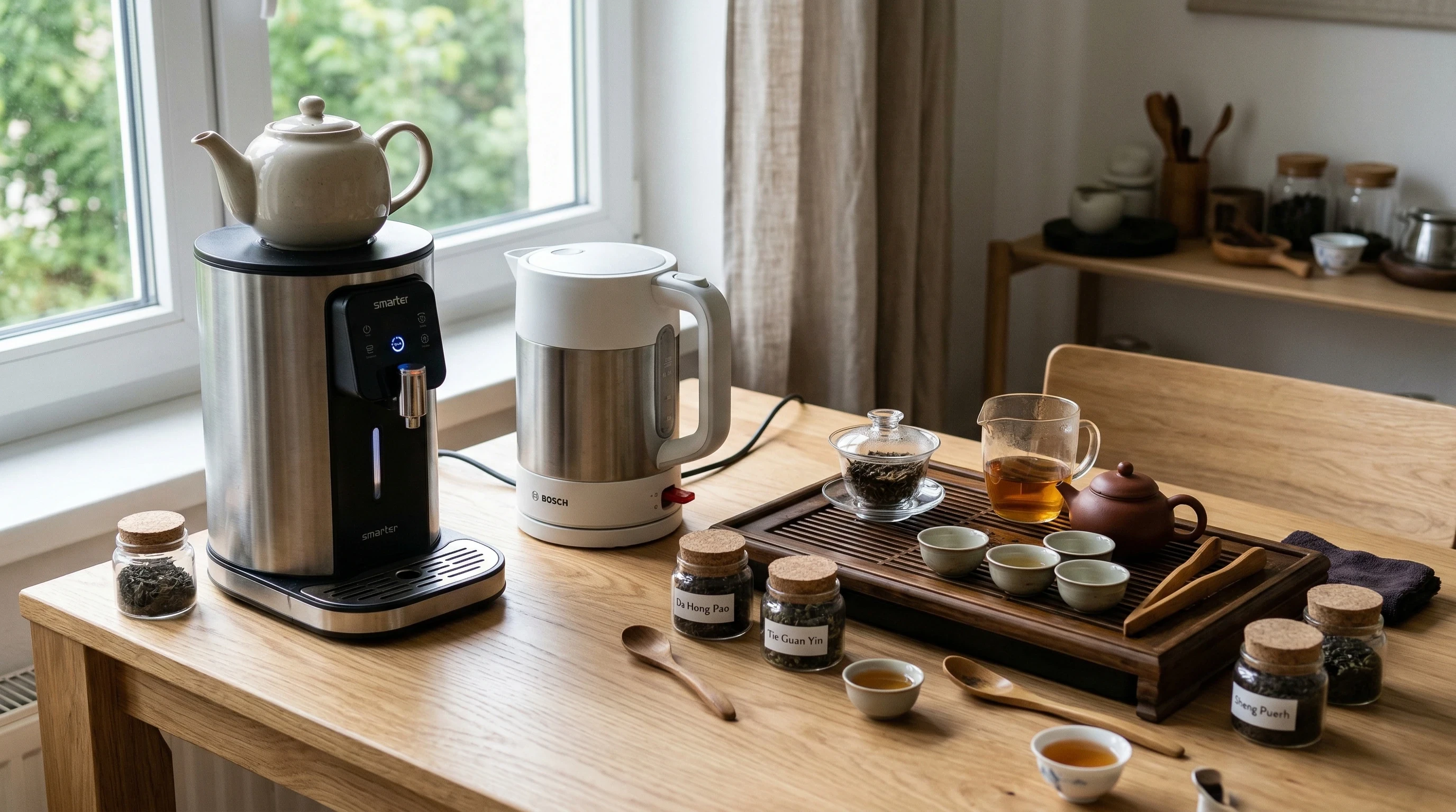 tea brewing station with electric samovar teapot and gongfu tea set on wooden table