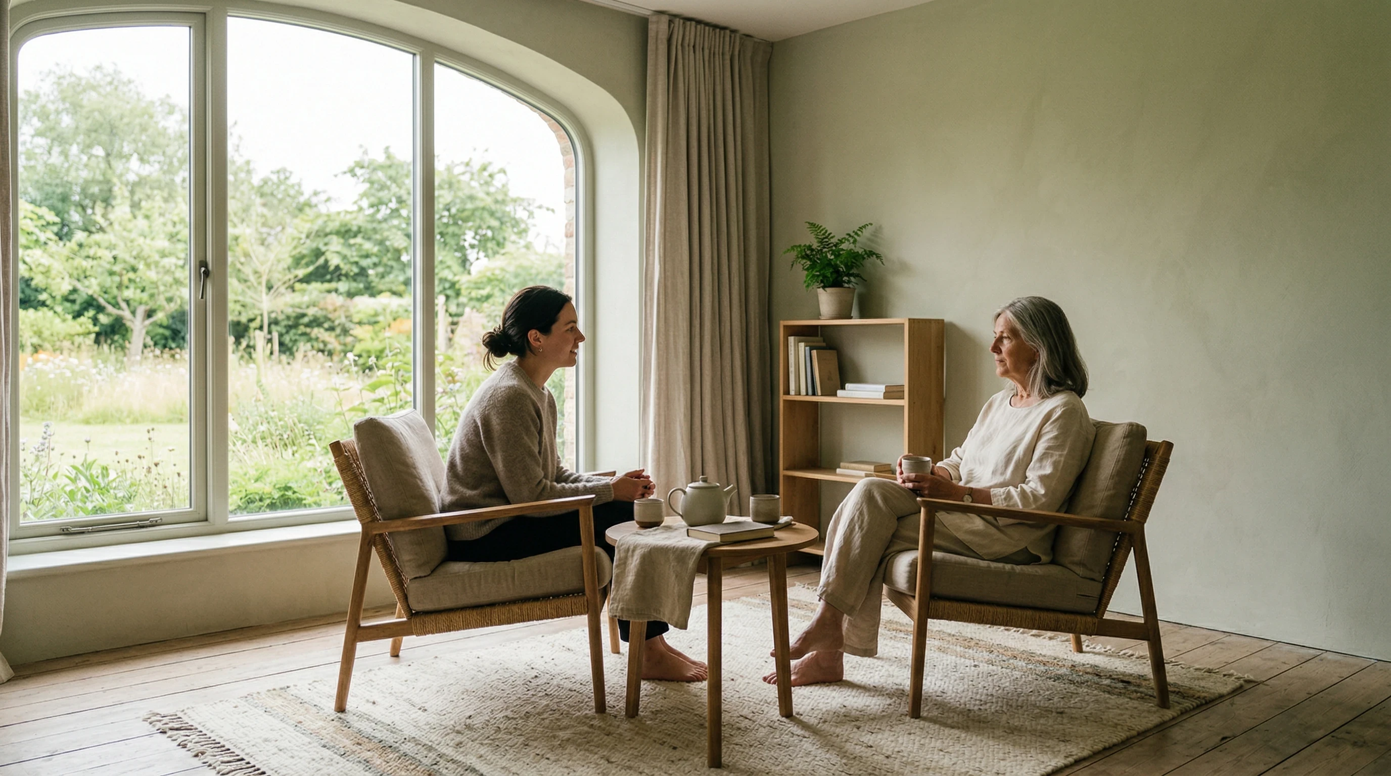 two women sitting in armchairs having a calm conversation in a bright minimalist living room
