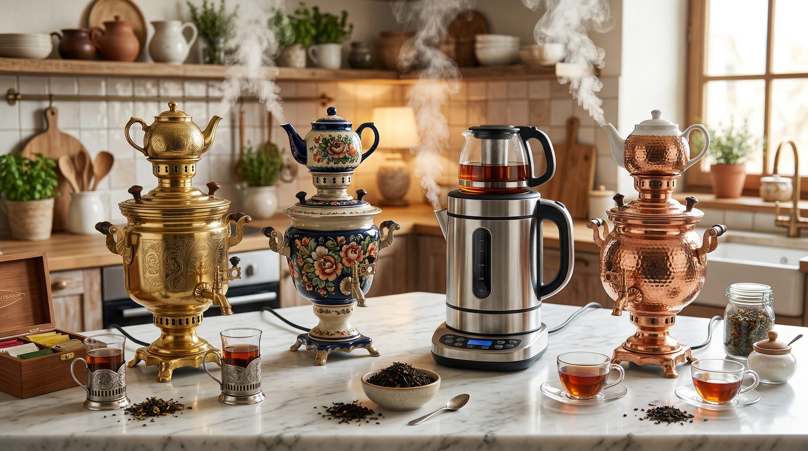 Various types of samovars on a kitchen counter, including a golden ornate samovar, a blue ceramic samovar, a modern electric samovar, and a copper samovar, with loose leaf tea and tea cups
