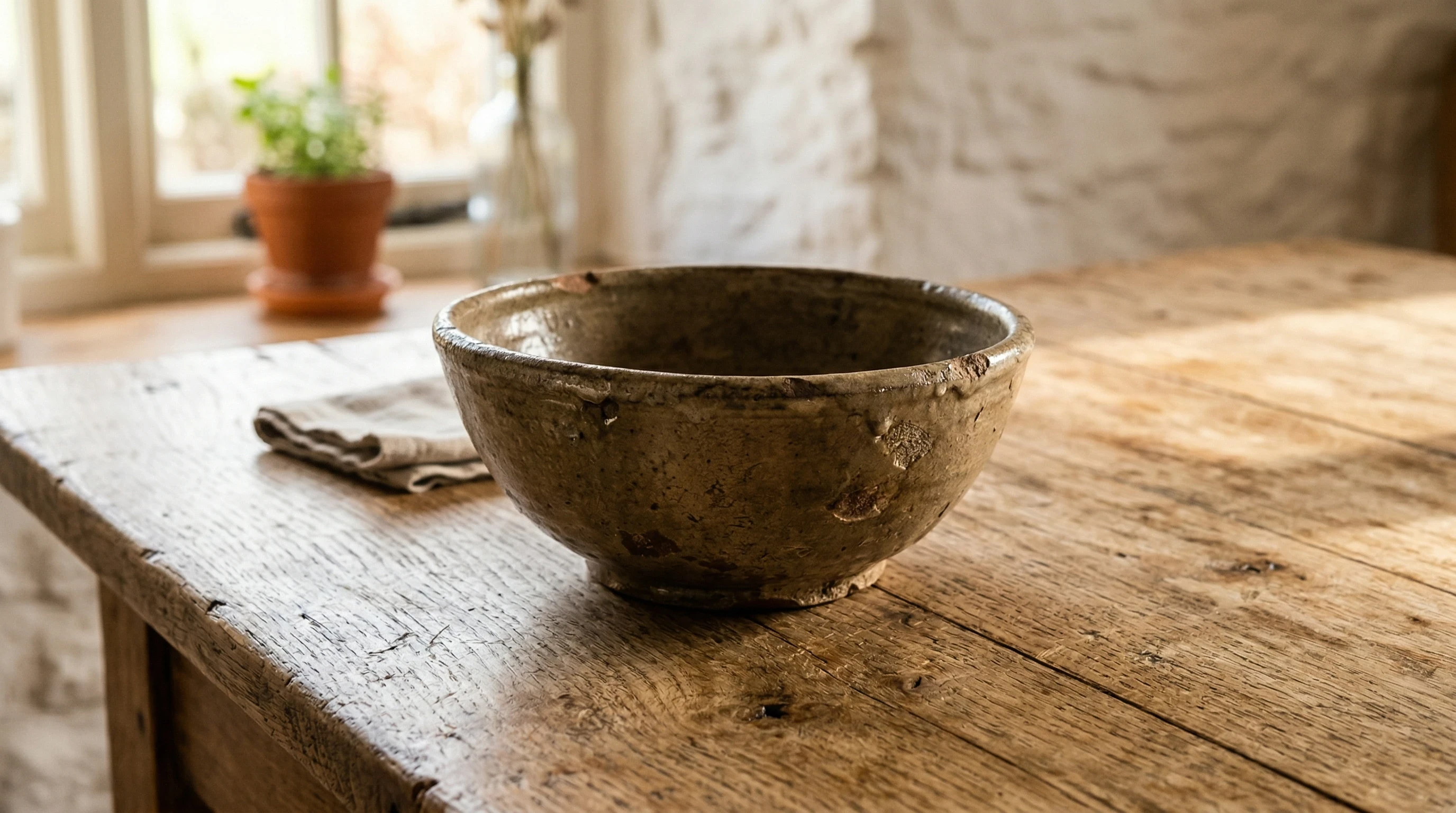wabi-sabi style rustic clay bowl on an old wooden table with natural imperfections