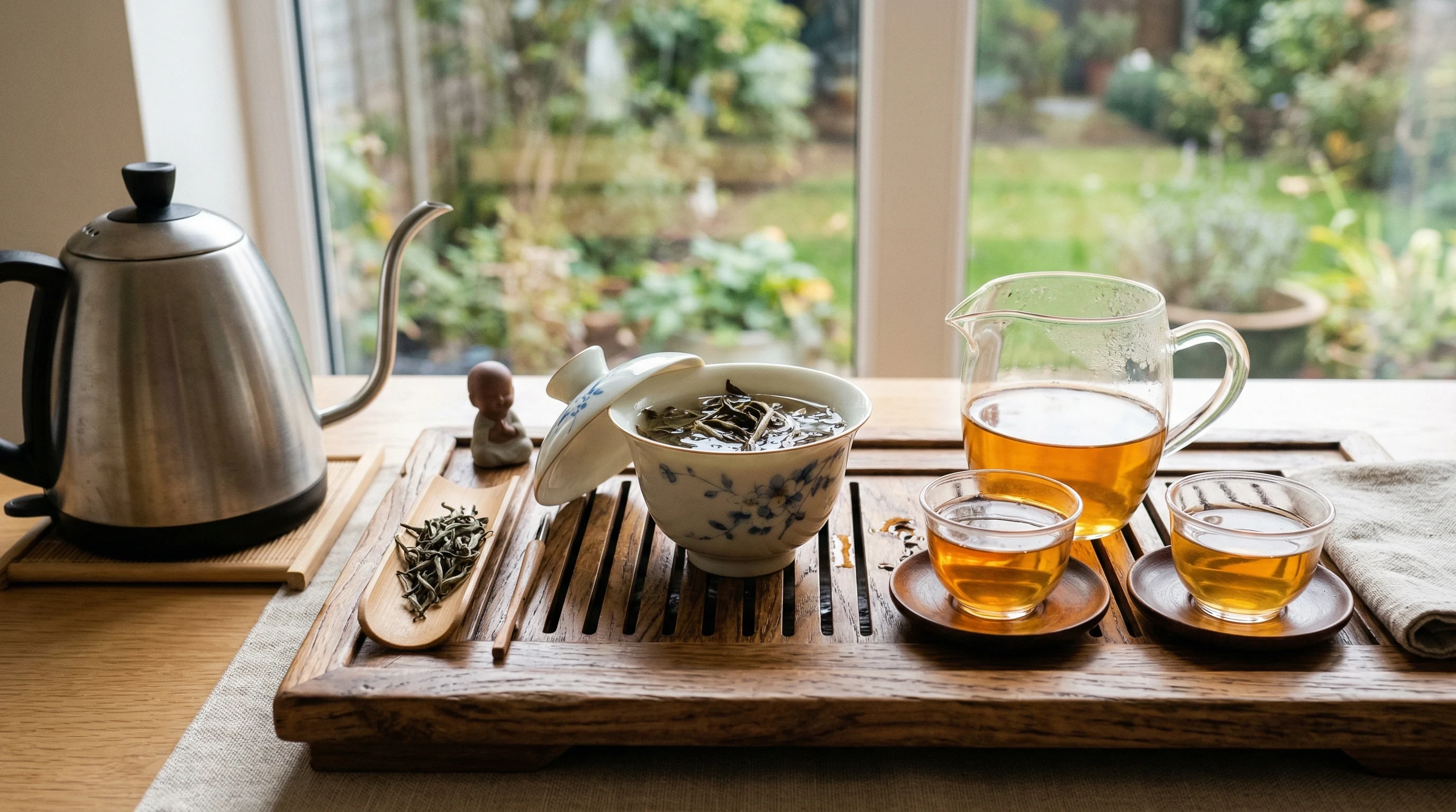 gongfu tea brewing setup with wooden tray, glass pitcher, teacups, and loose aged white tea leaves