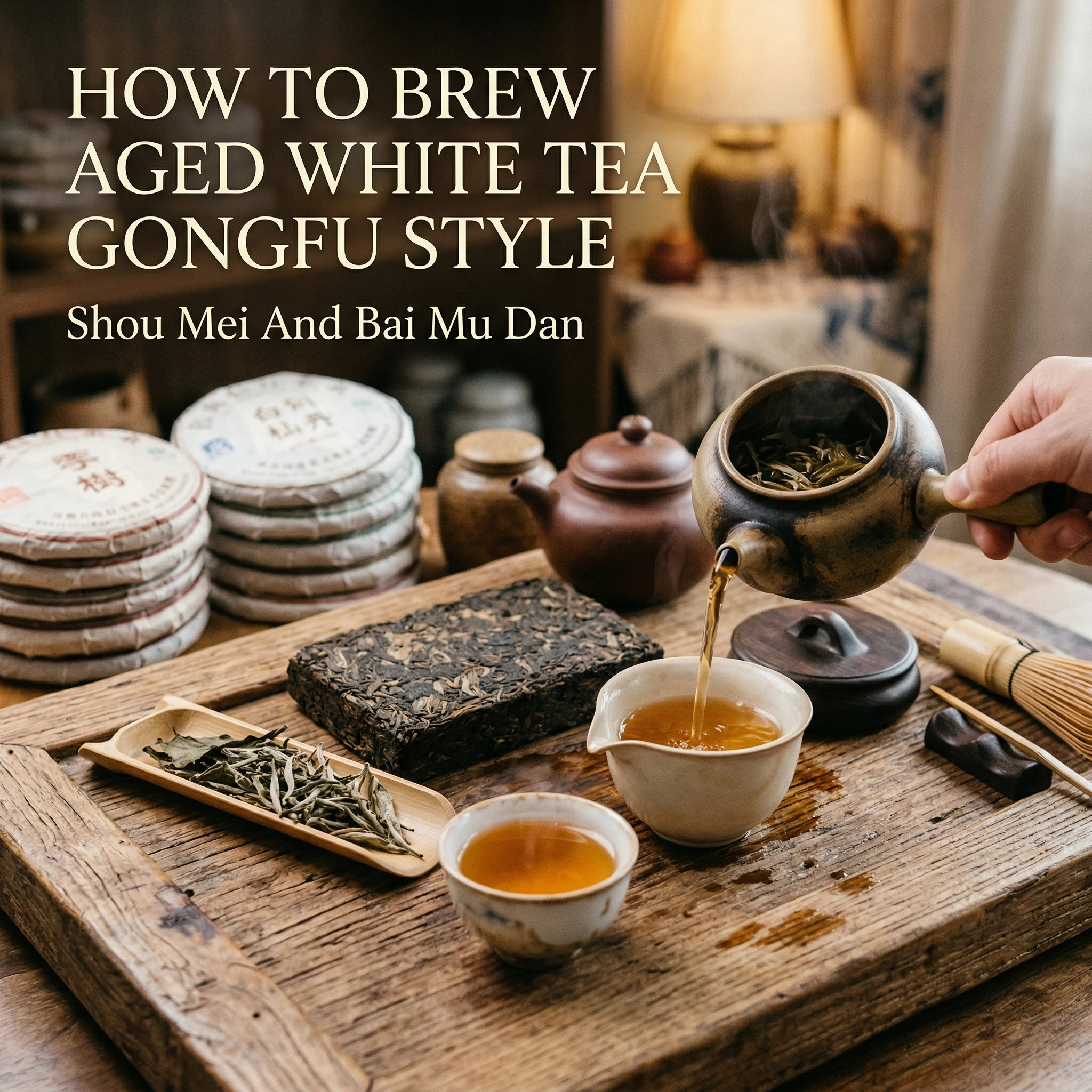 how to brew aged white tea gongfu style – Shou Mei and Bai Mu Dan with clay teapot and tea cakes