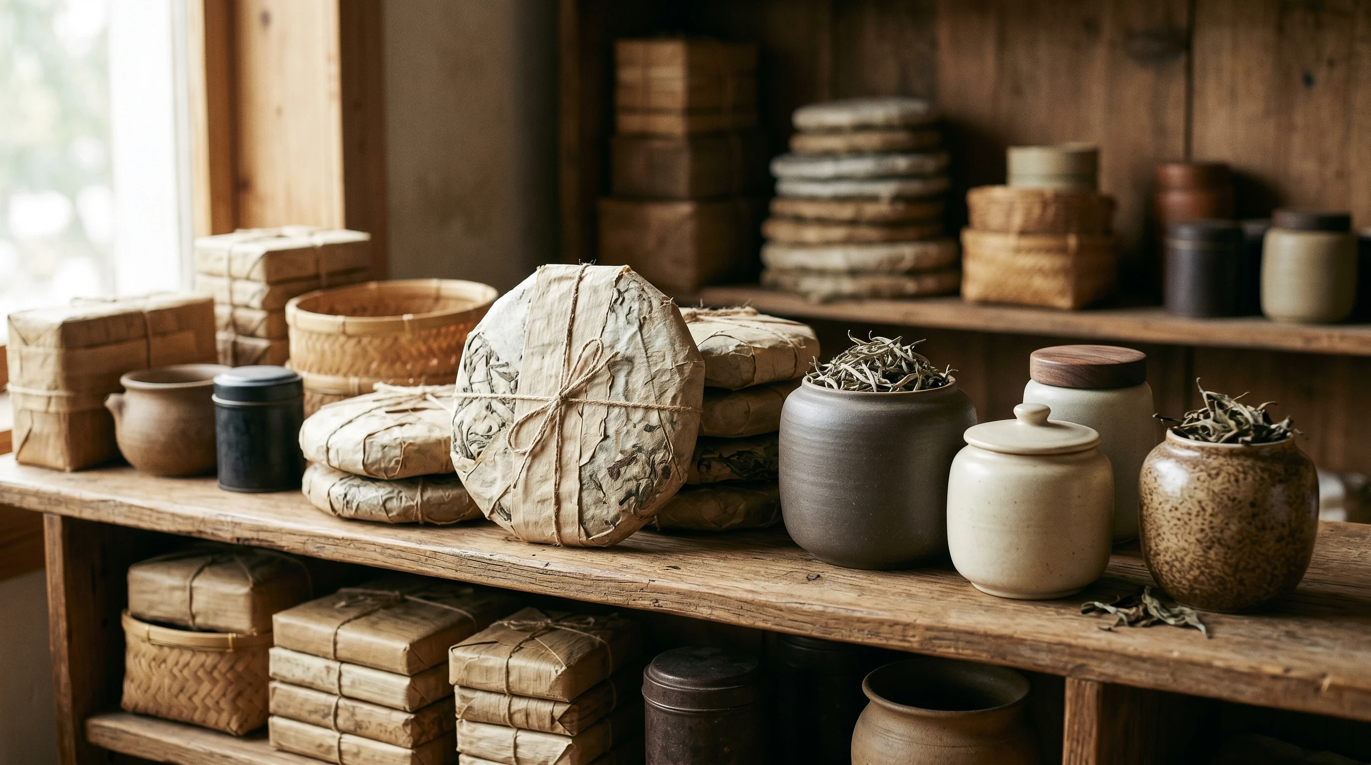 Aged white tea cakes and compressed pu-erh stored on rustic wooden shelves with ceramic jars
