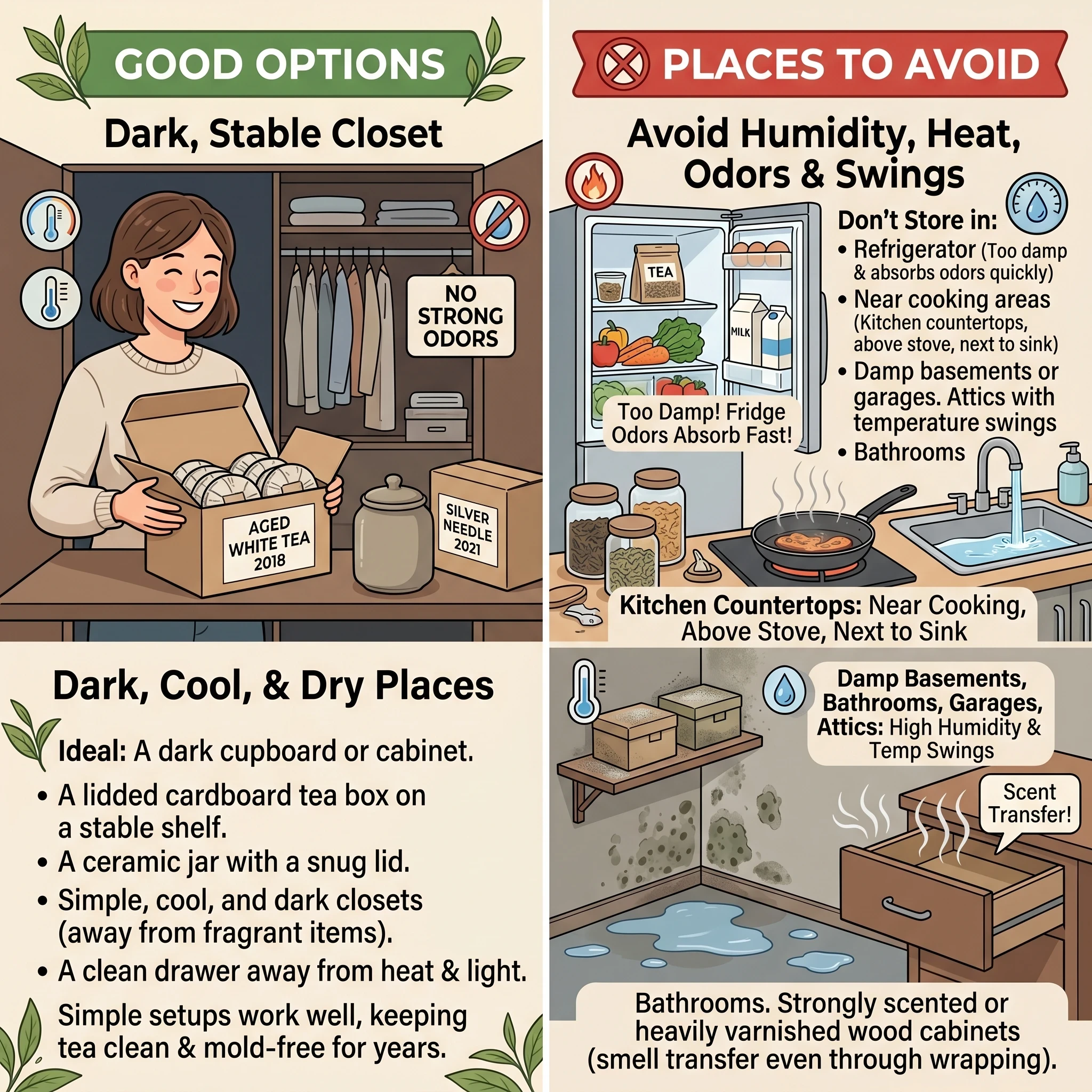 Infographic showing good and bad storage options for aged white tea including dark closets vs humid and hot areas to avoid