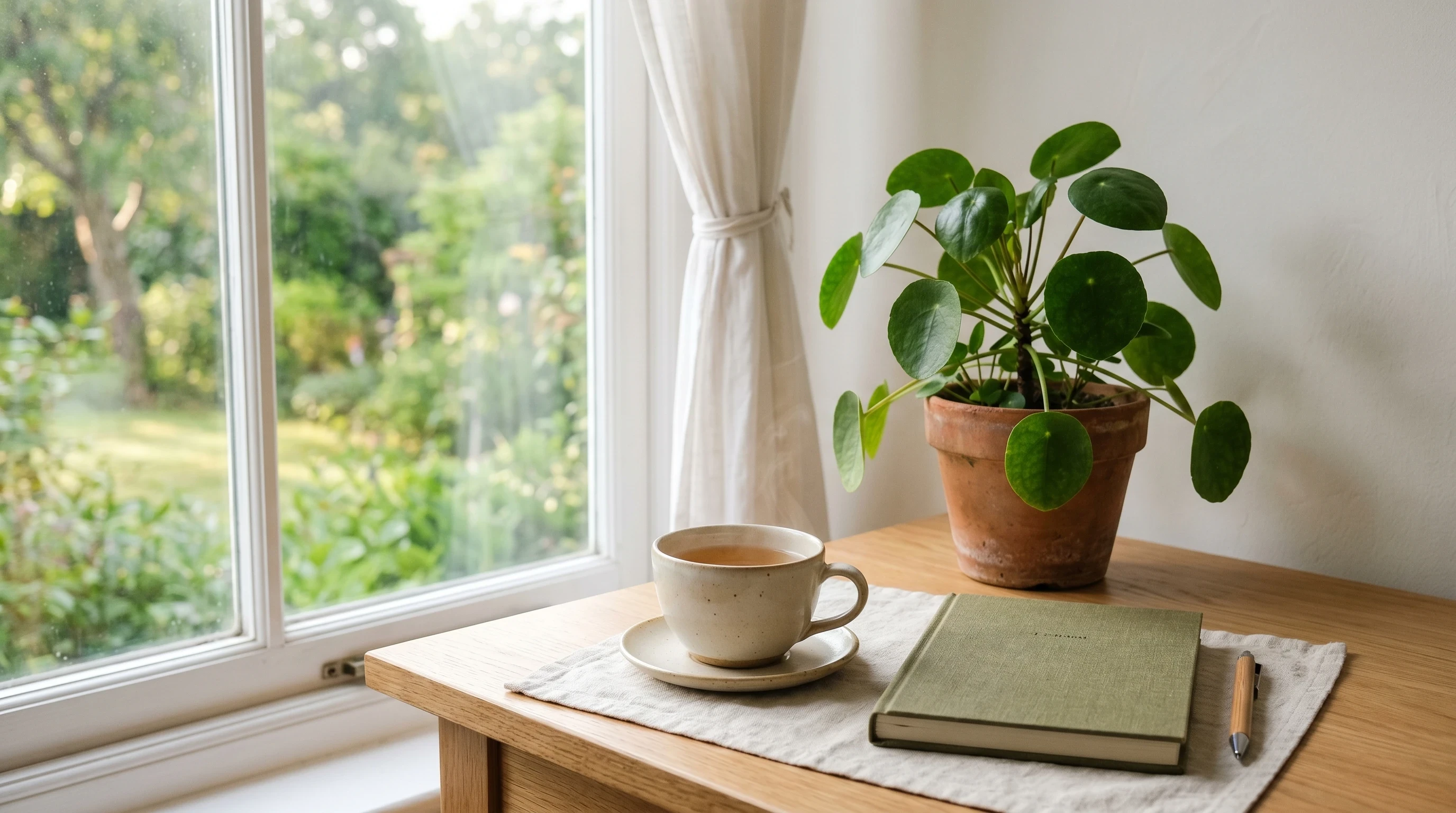 A cozy home workspace by a sunny window with a cup of tea, a potted plant, and a notebook on a wooden table
