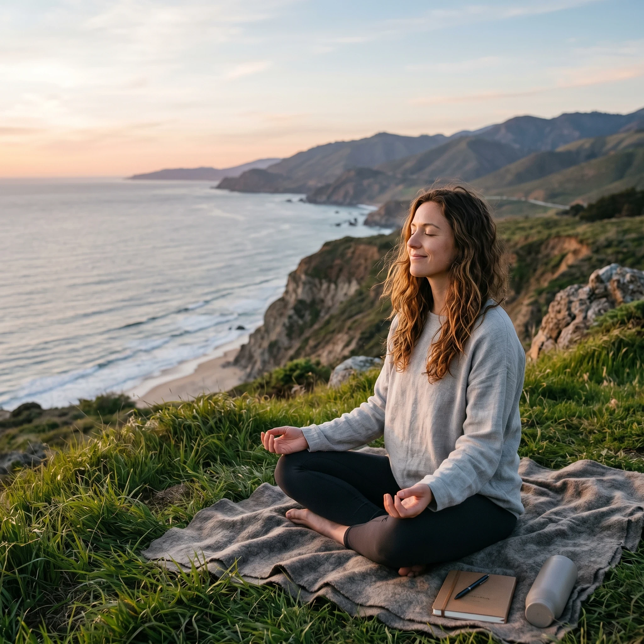 Woman meditating in lotus position on a grassy hillside with a peaceful ocean and mountain view