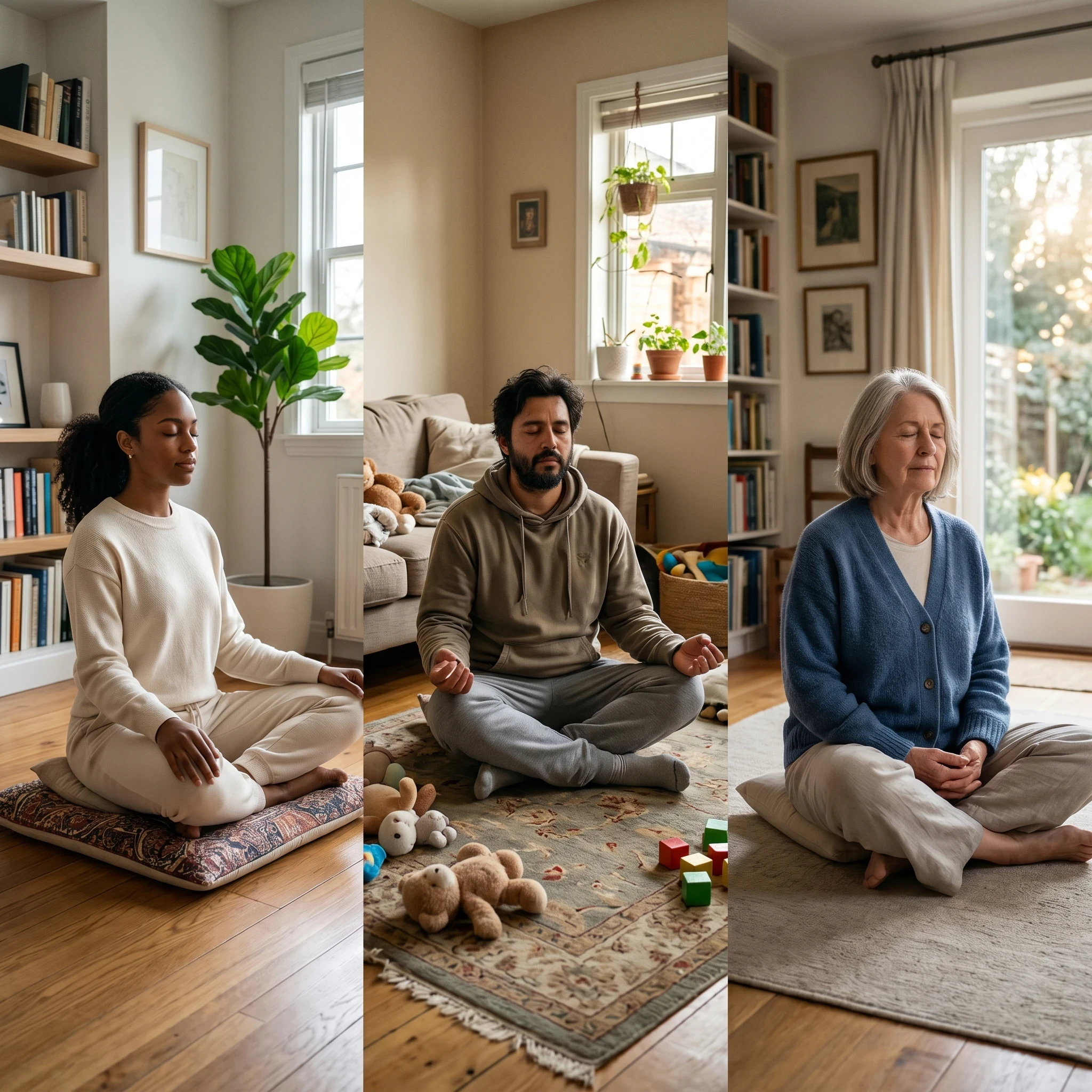 Three people of different ages meditating at home, representing beginners who benefit from a structured mindfulness course