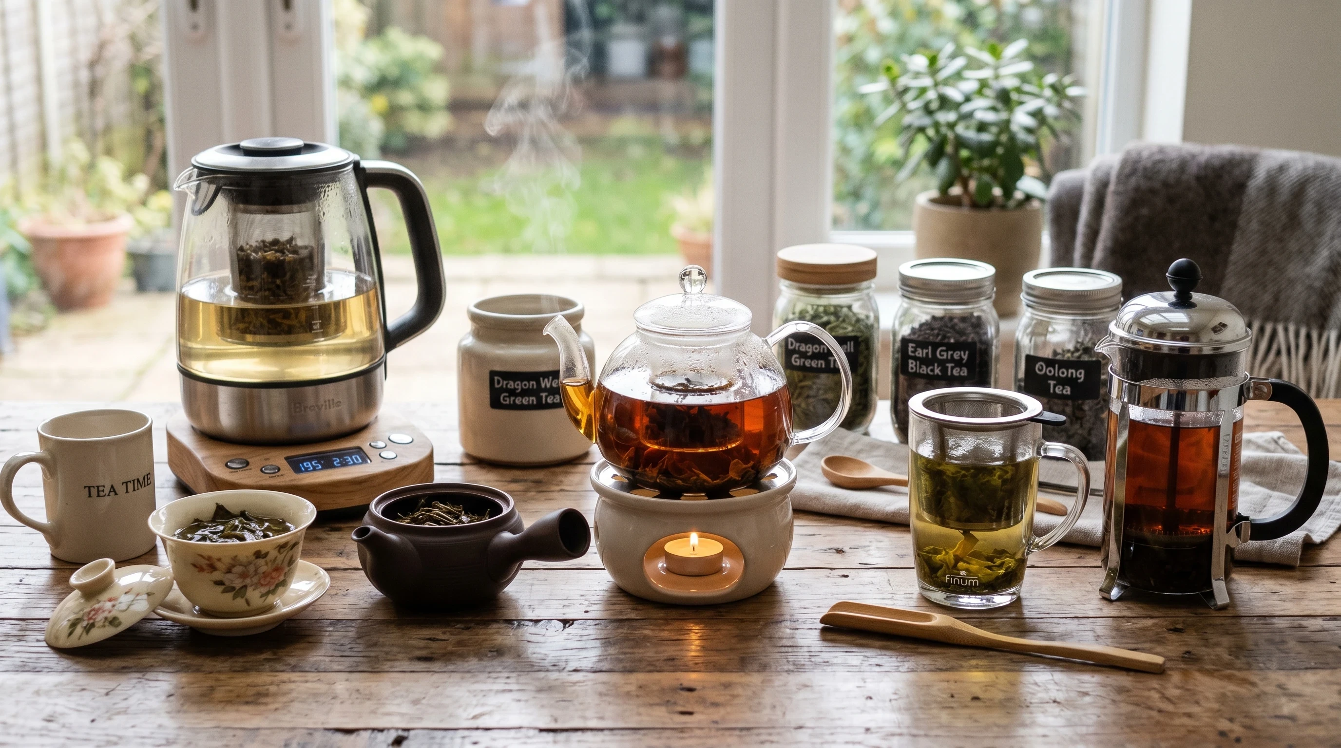 Various tea brewers on a wooden table including a glass kettle, teapot, French press, infuser mug, and loose leaf tea jars