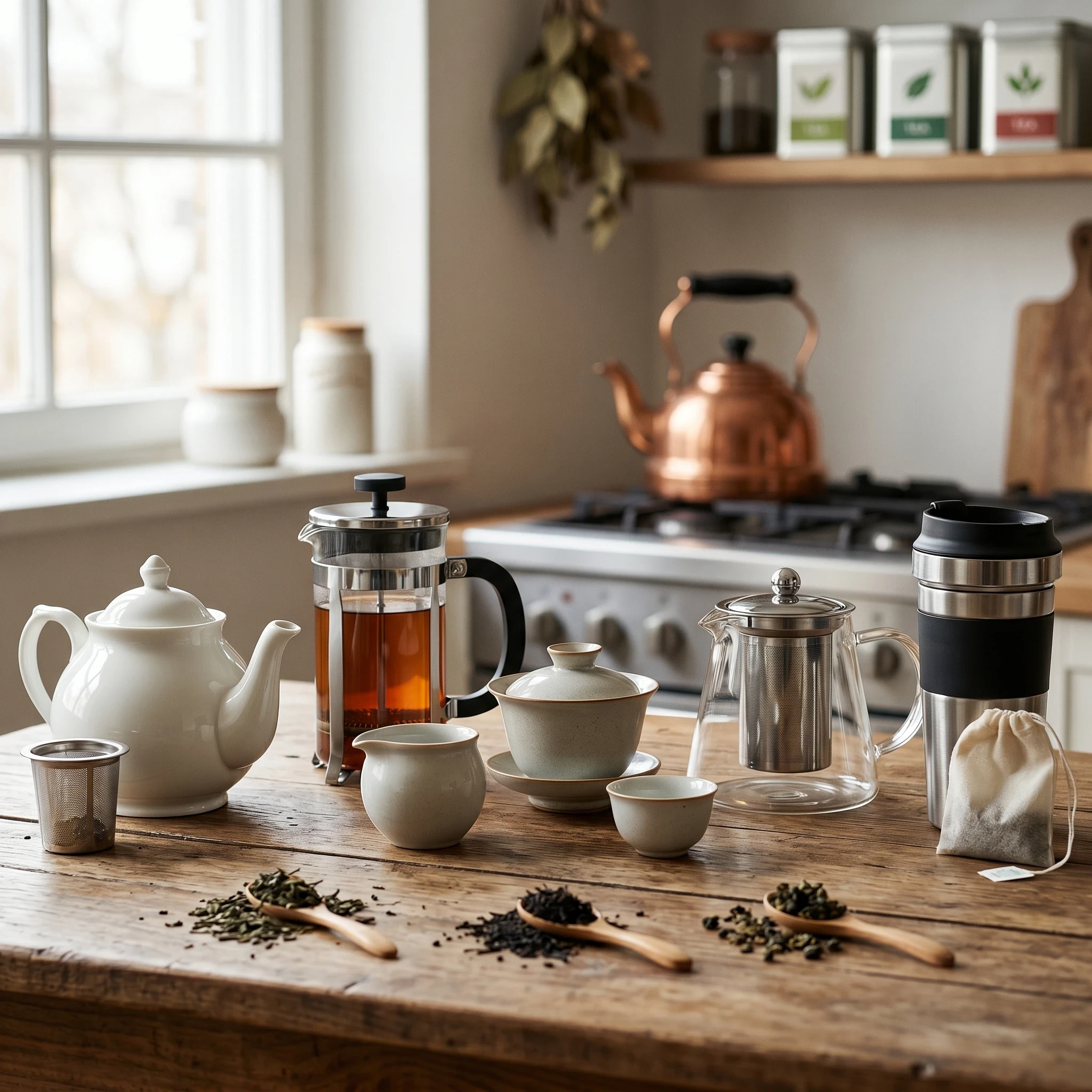 Rustic kitchen counter with multiple tea brewers including a white teapot, French press, gaiwan, glass infuser, and copper kettle surrounded by loose leaf tea