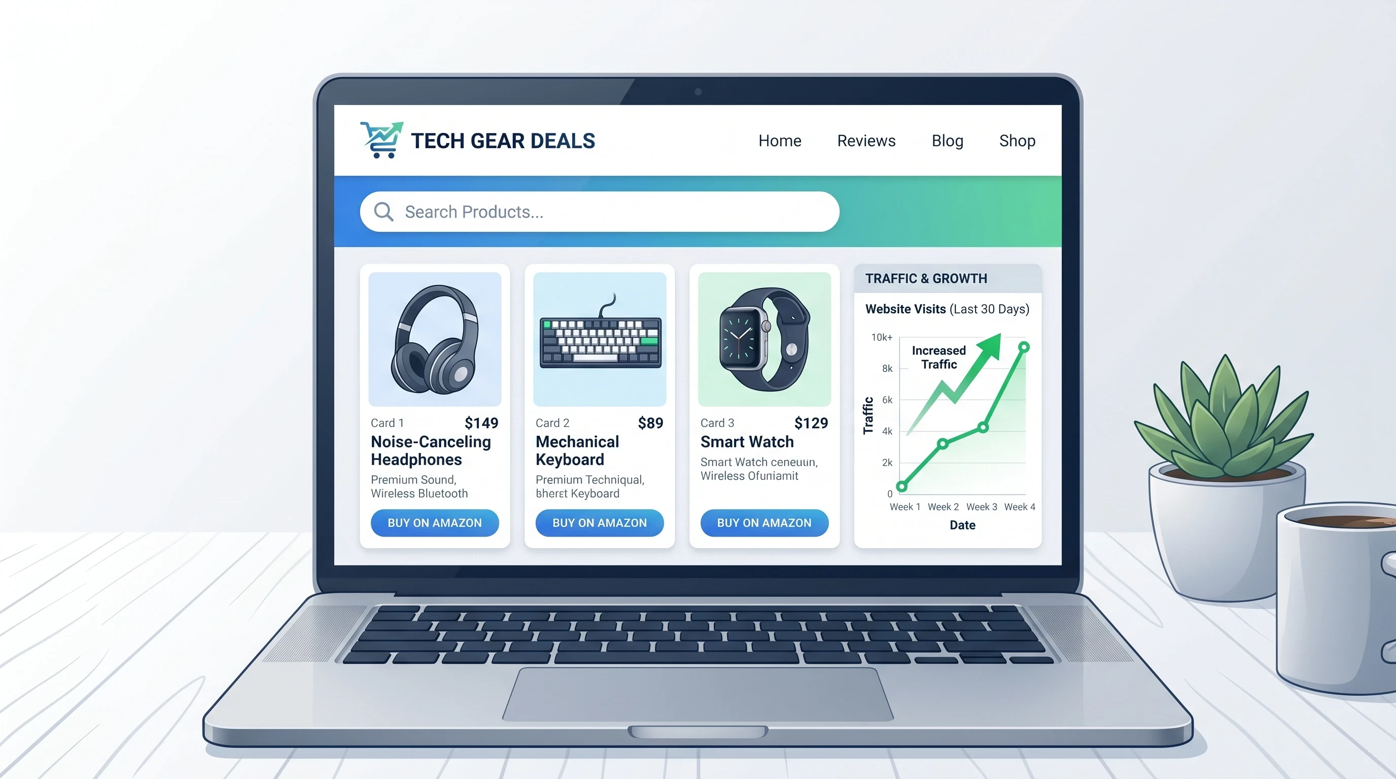 Laptop displaying a tech gear affiliate website with product listings and a traffic growth chart