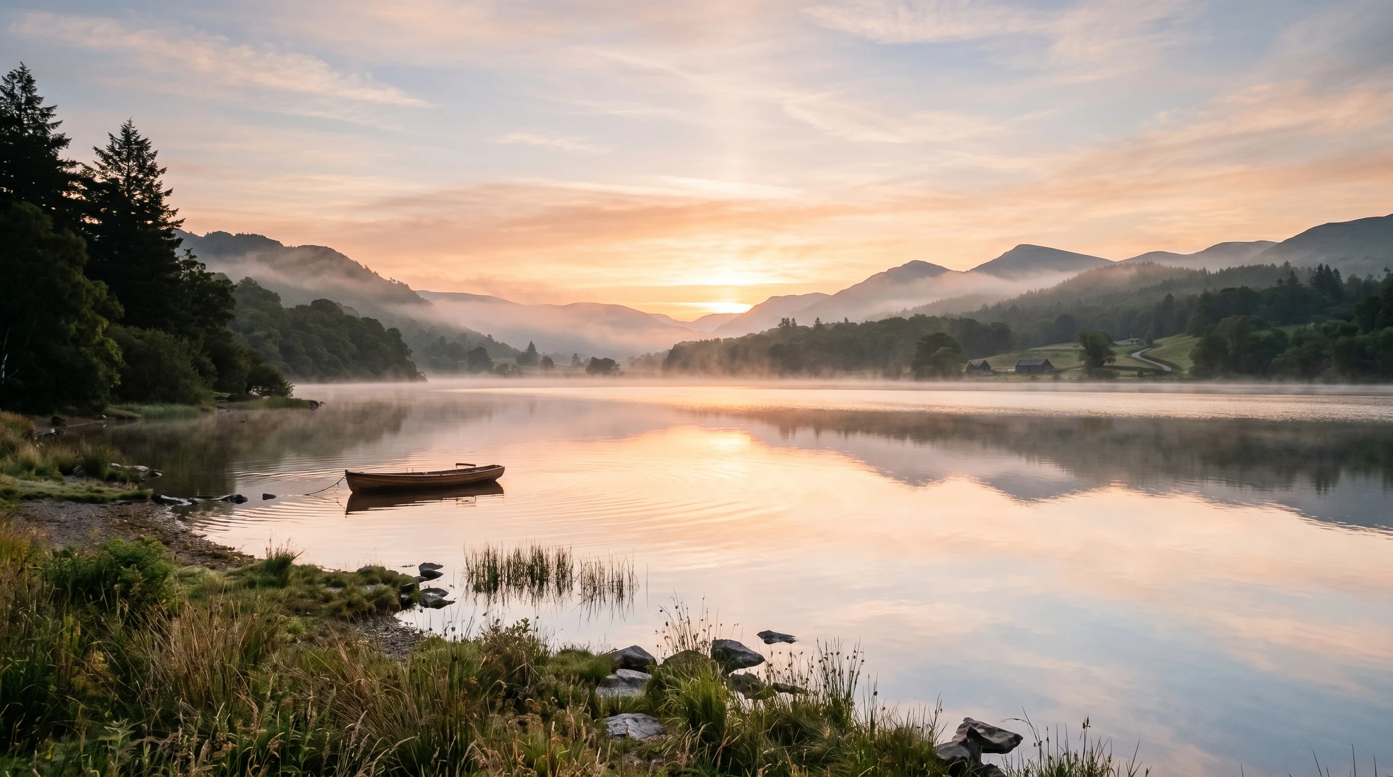 peaceful lake at sunrise symbolizing a calm and quiet mind in meditation