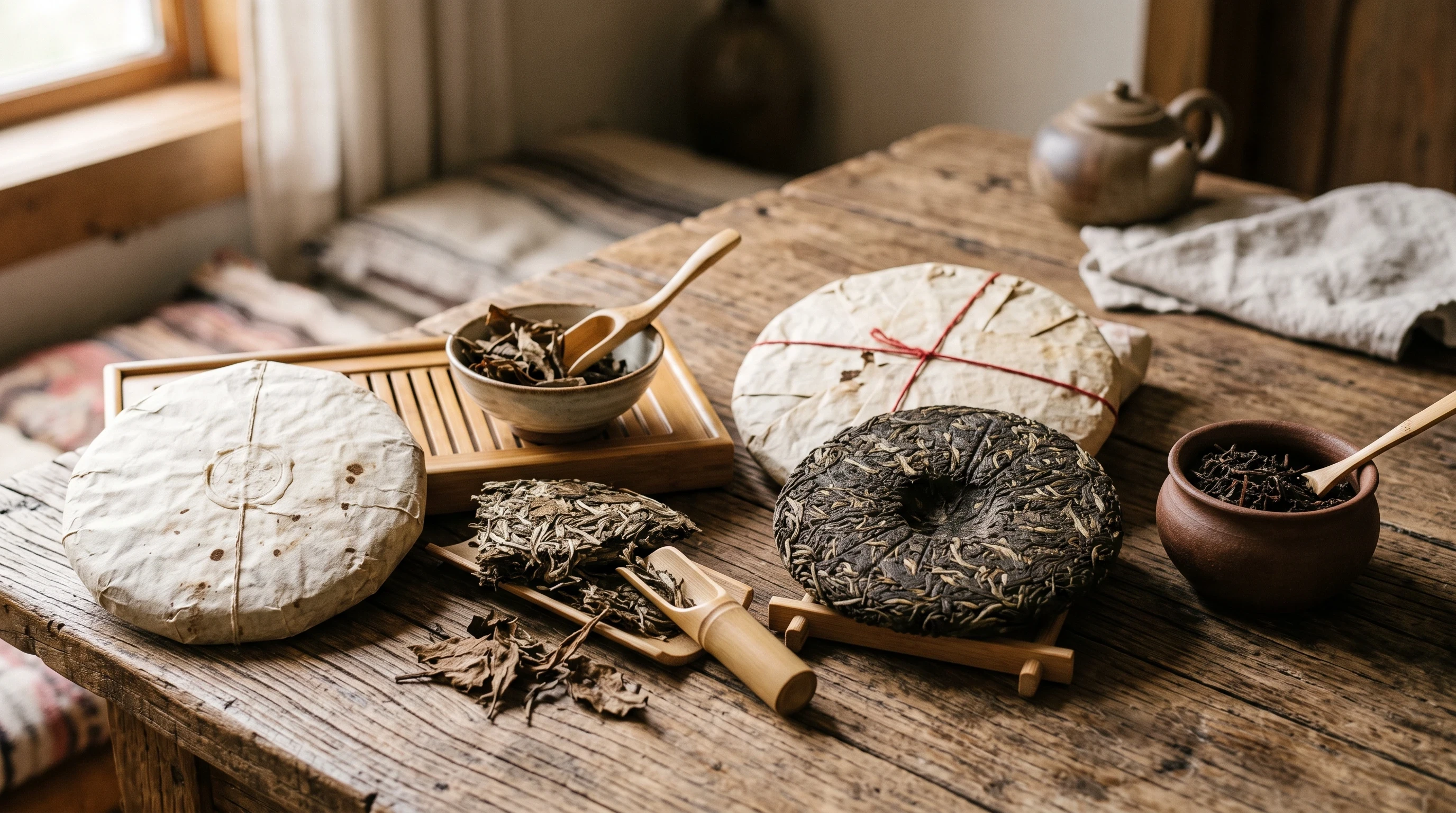 compressed pu-erh tea cakes with loose tea leaves and wooden scoop on rustic wooden table