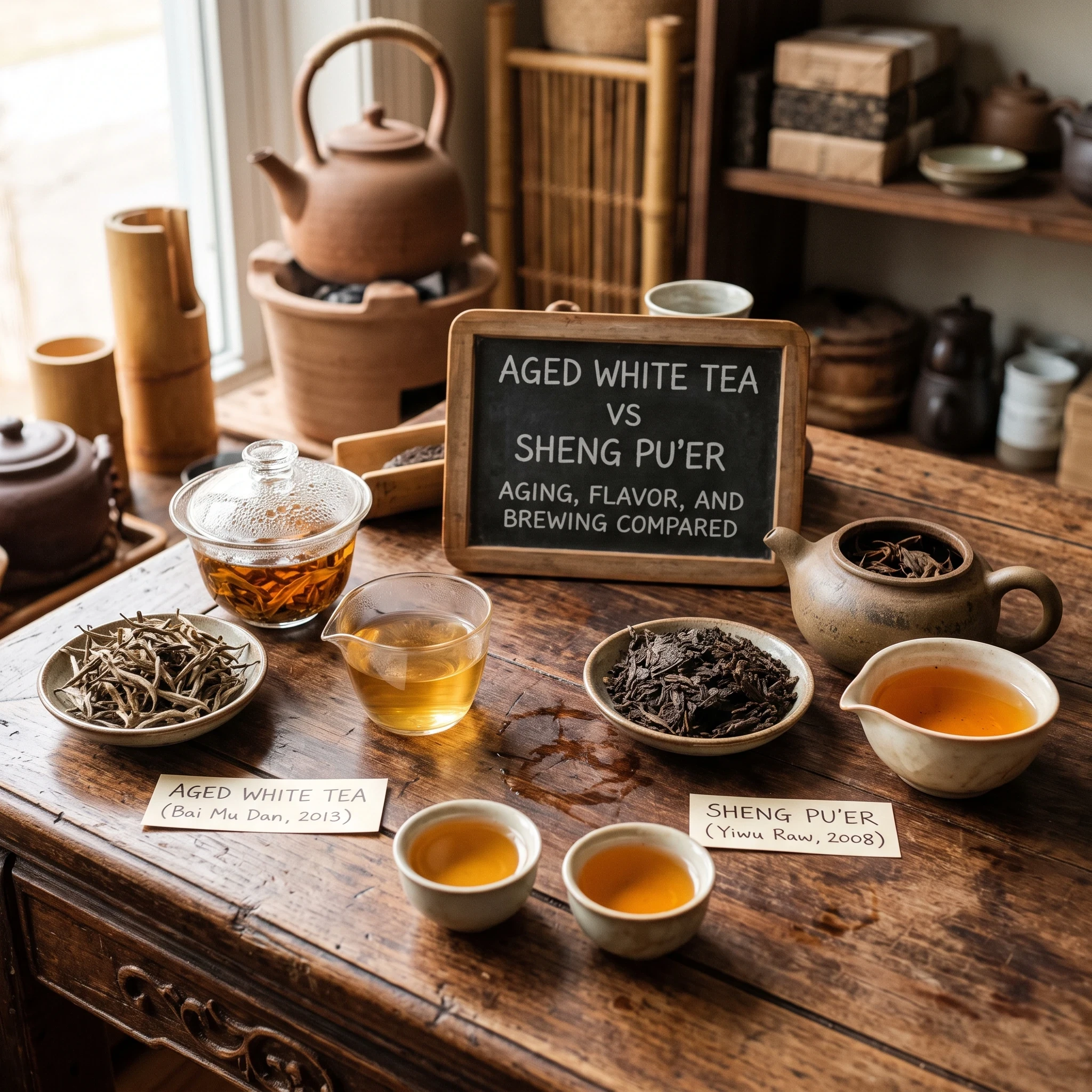 aged white tea vs sheng pu'er comparison with labeled samples, brewed cups, and teapot on wooden table