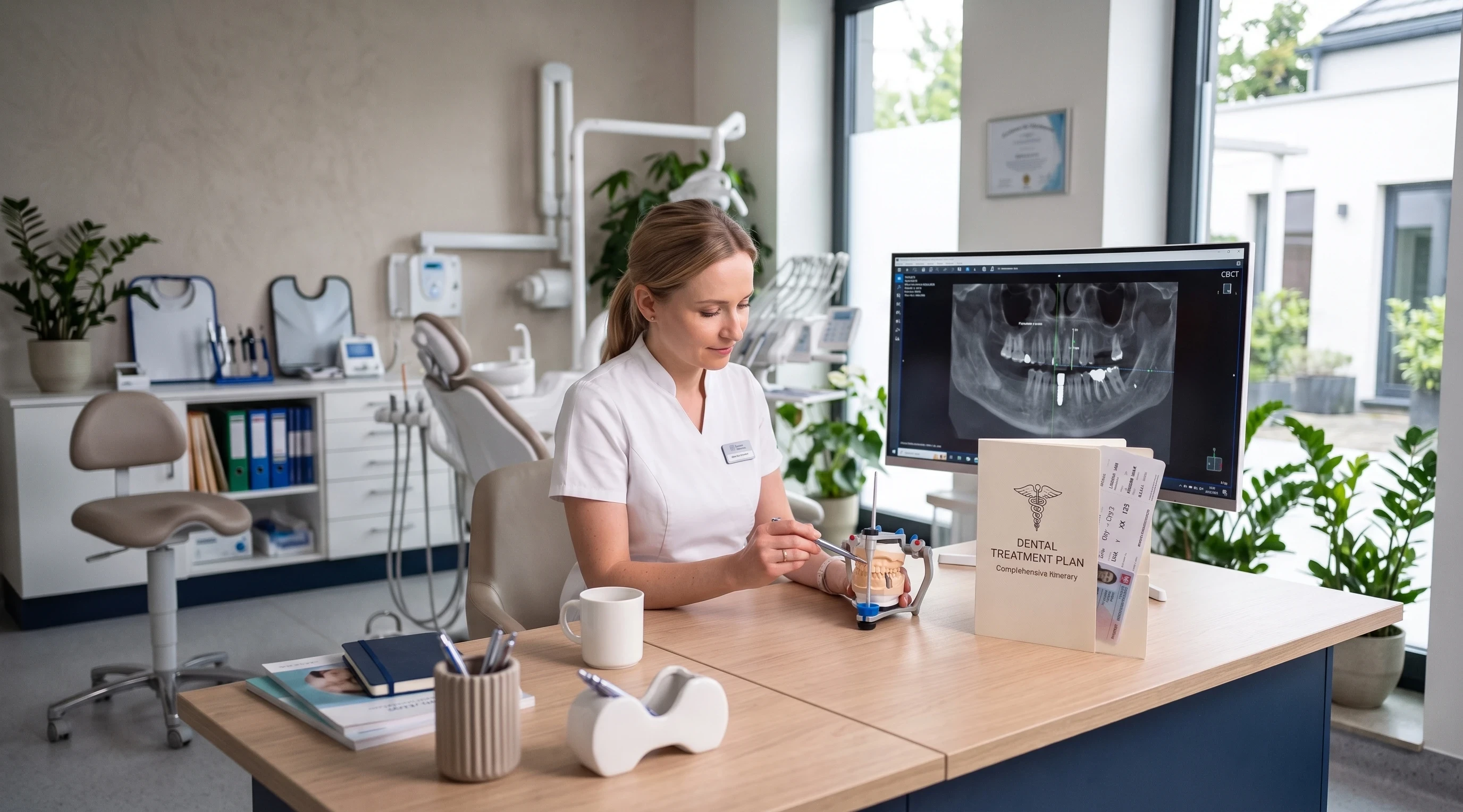 Dentist reviewing a dental implant treatment plan for a UK patient travelling to Warsaw