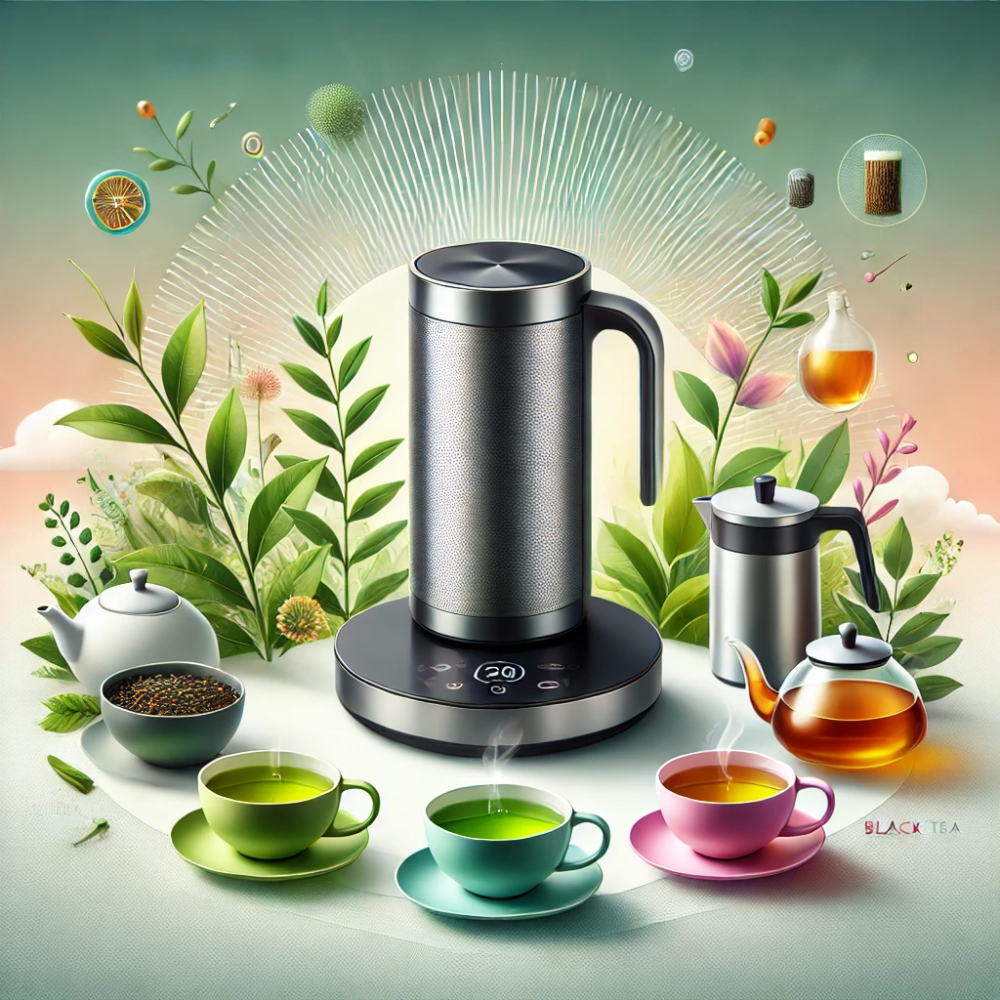 a modern smart tea brewer with a sleek design, surrounded by different types of tea leaves.png