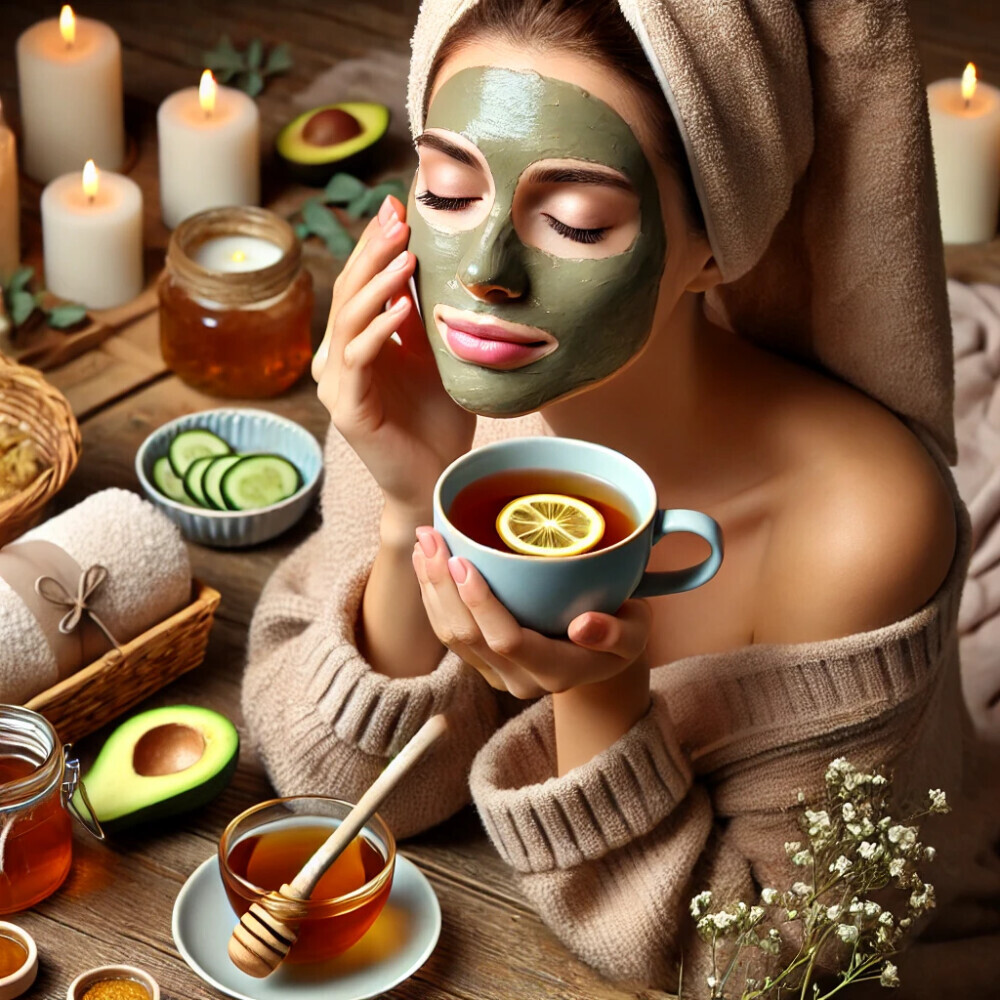 A relaxing self-care scene featuring a woman applying a DIY face mask while holding a cup of tea.