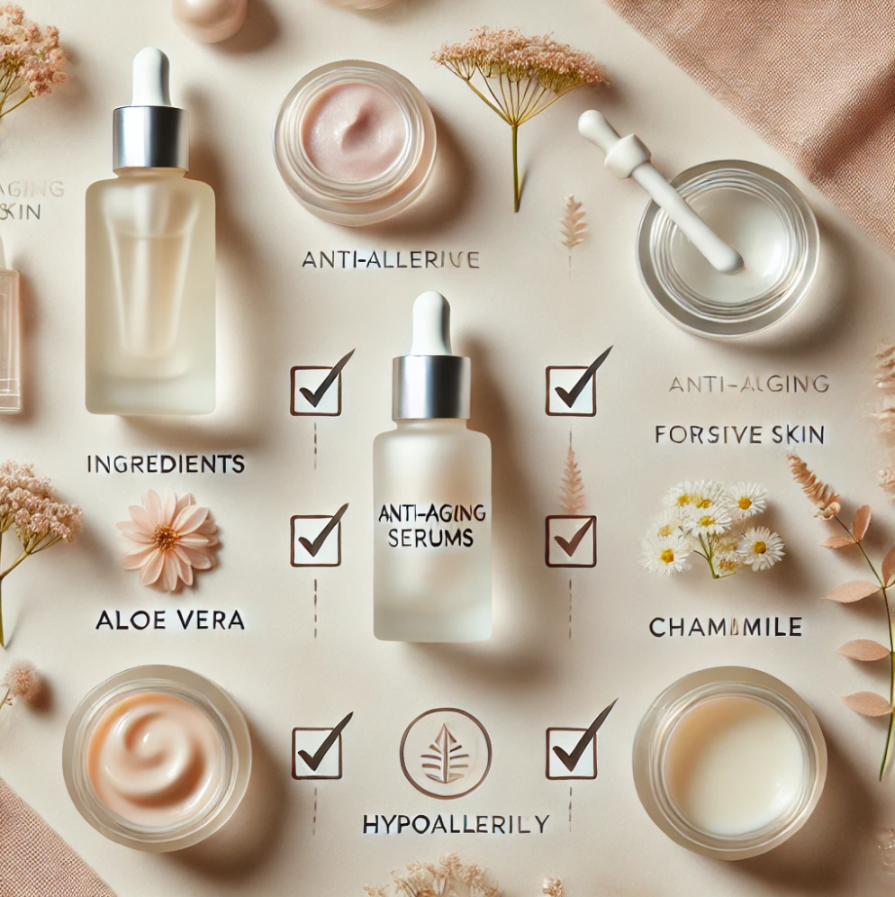 A clean and elegant flat lay of skincare essentials with a focus on decision-making for anti-aging serums for sensitive skin