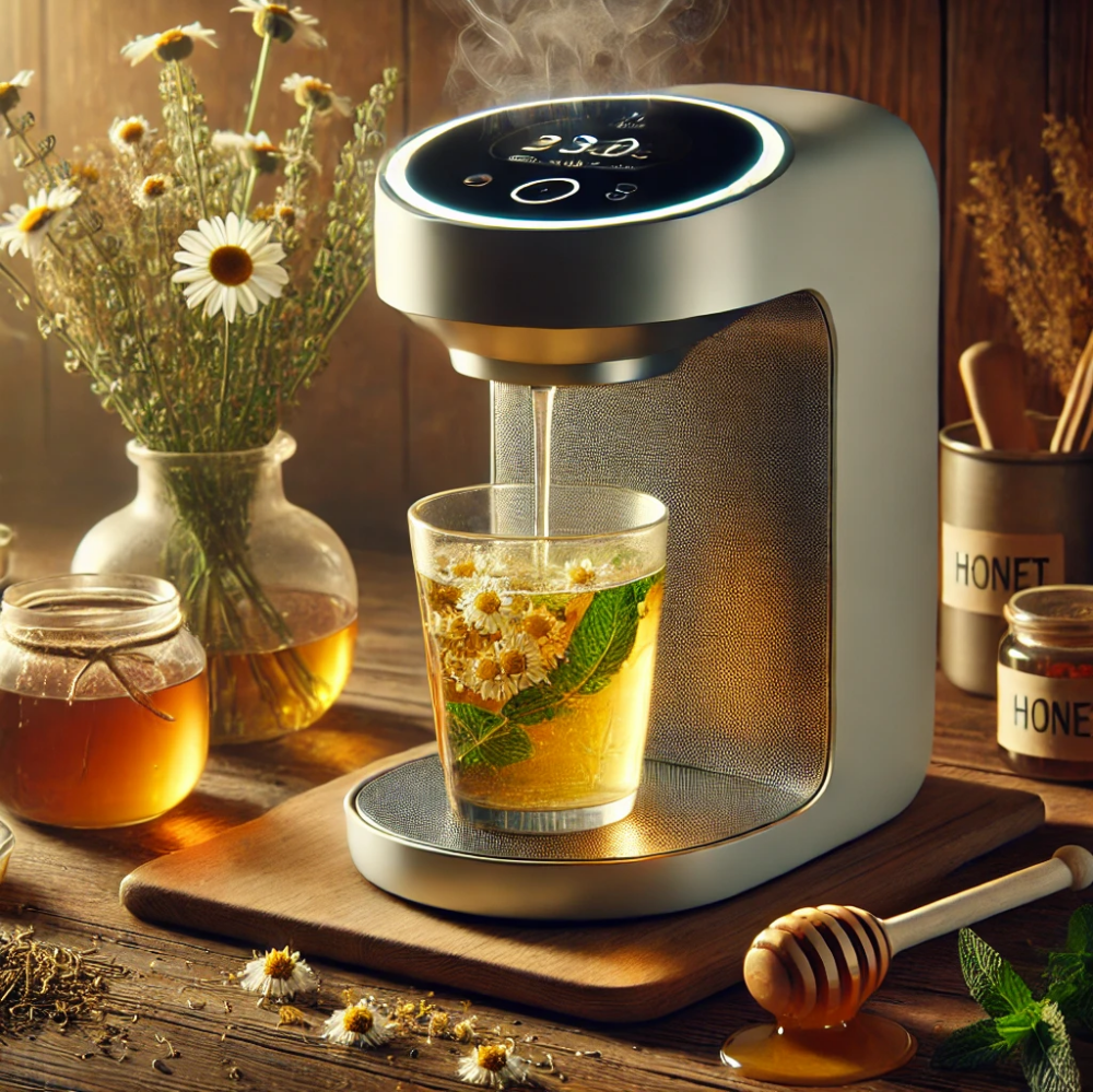 a modern smart tea brewer dispensing freshly brewed herbal tea.