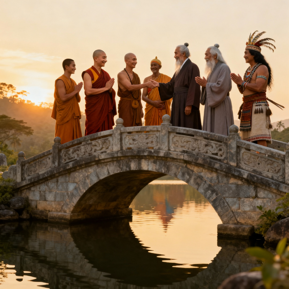 Diverse spiritual teachers from ancient traditions greet each other on a bridge, symbolizing unity and connection across world philosophies