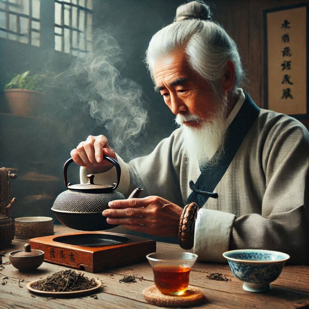 an asian man is brewing pu-erh tea in a traditional way