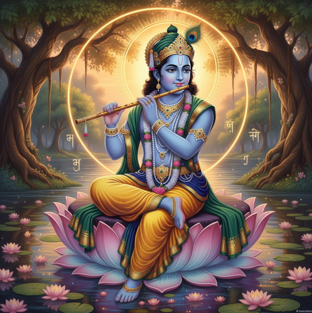 Krishna sitting on a lotus flower and playing on his flute