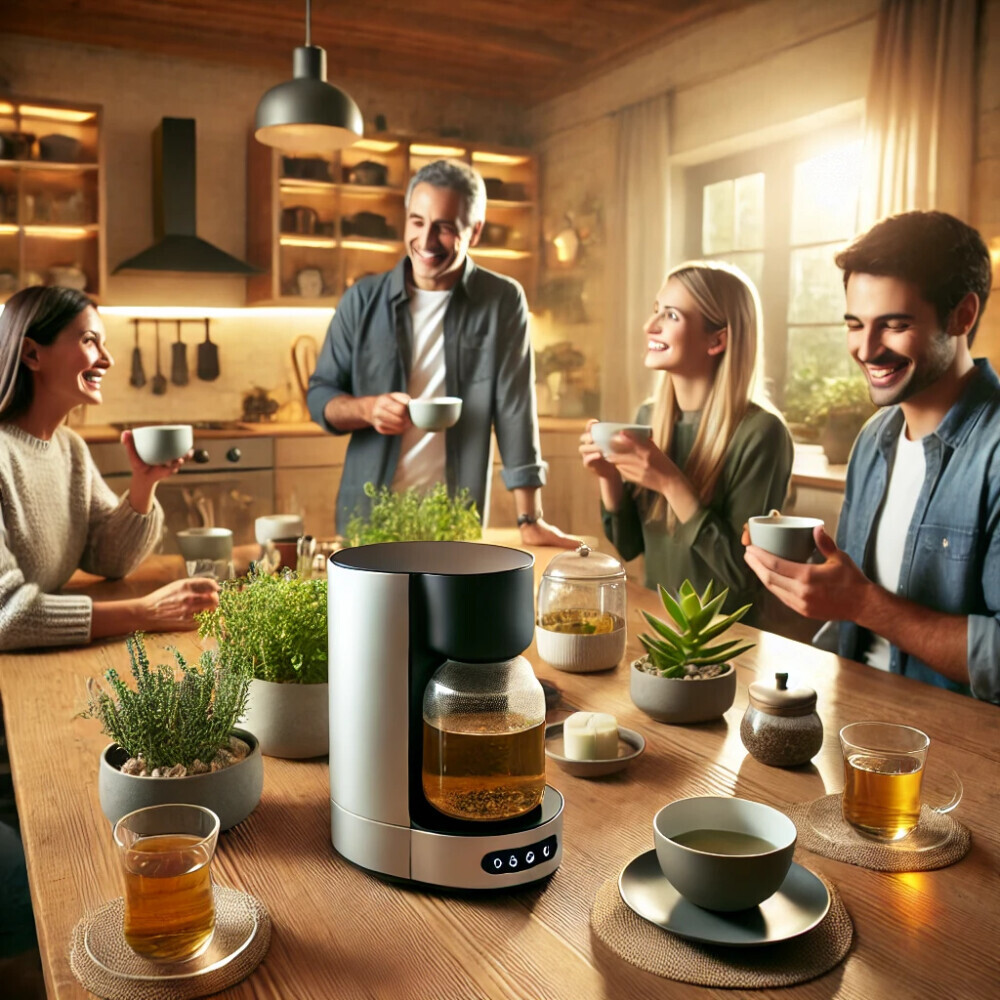 A warm and inviting home gathering where friends and family are enjoying different kinds of tea brewed from a smart tea brewer.