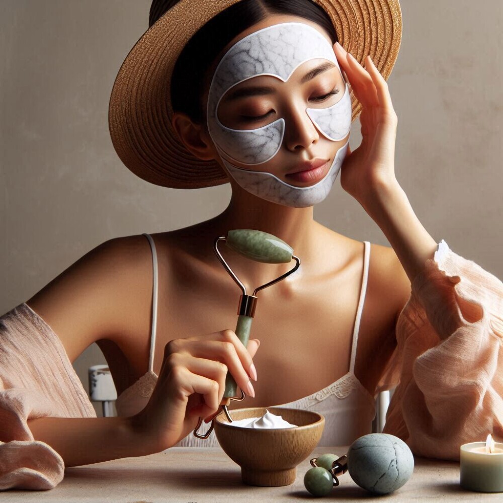 A modern woman in a minimalist setting, using ancient beauty rituals combined with contemporary skincare products like jade rollers and organic face masks