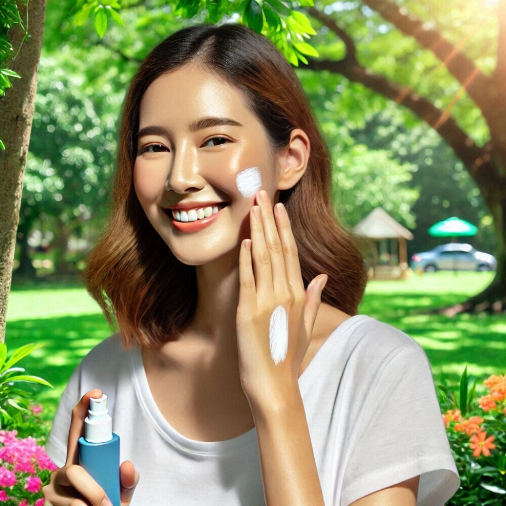 a woman applying sunscreen on her face