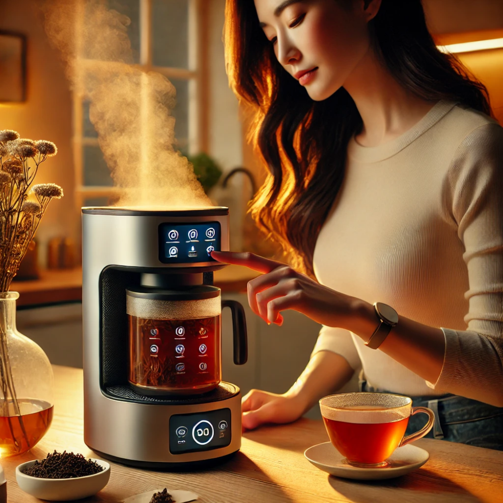  a woman brewing tea with a smart tea brewer